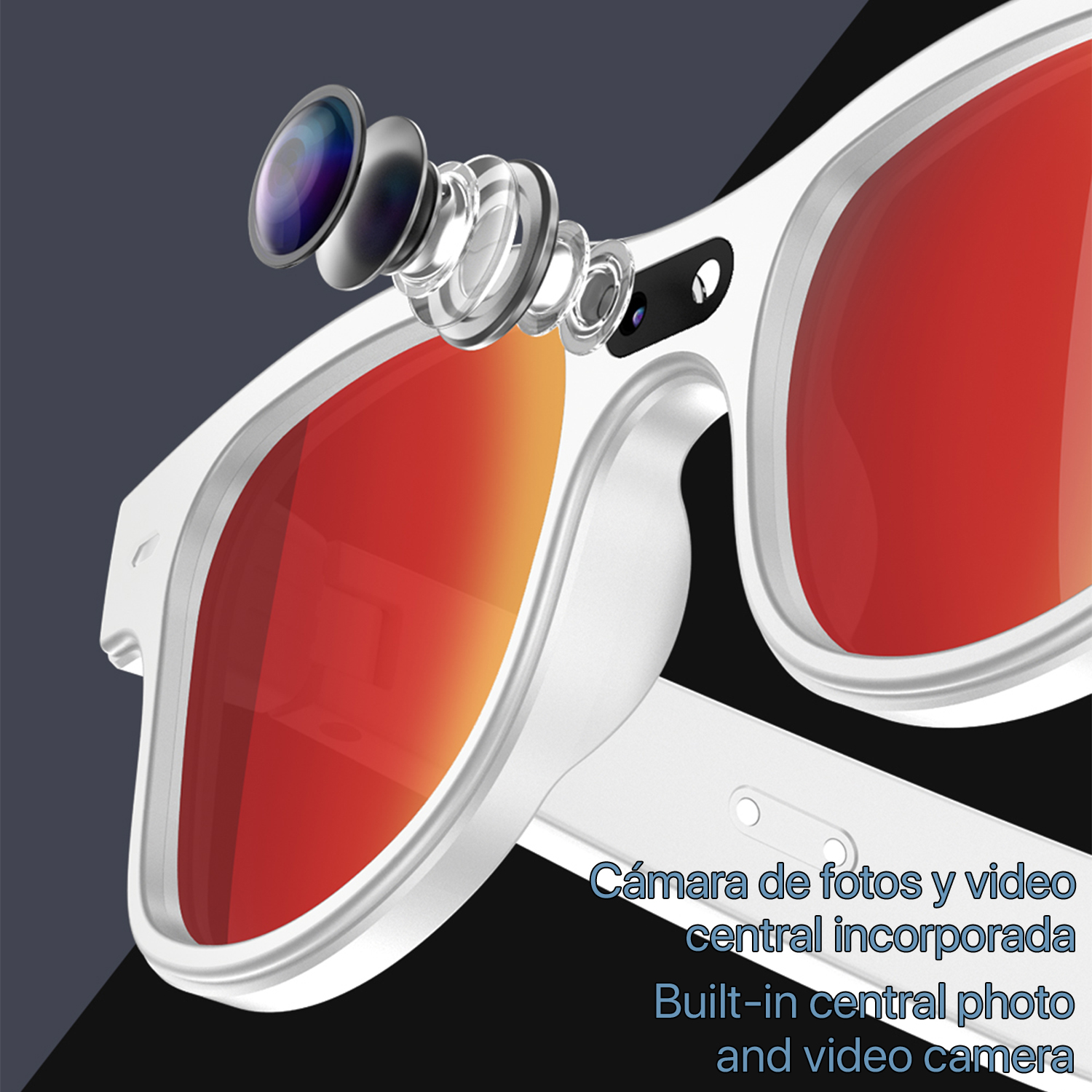 Gafas blancas con cámara incorporada y lentes rojas.