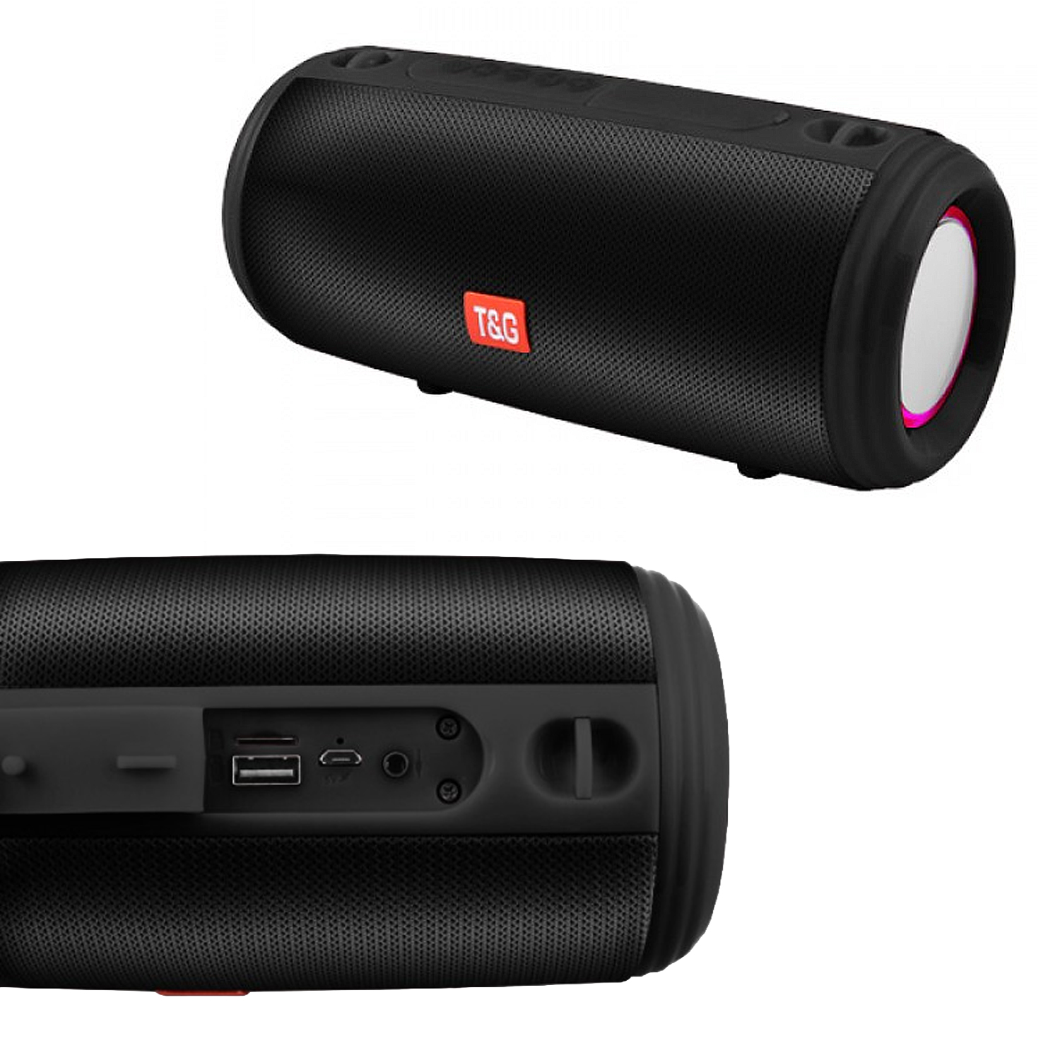 Altoparlante portatile T&G nero con porte USB, SD e aux sul lato.