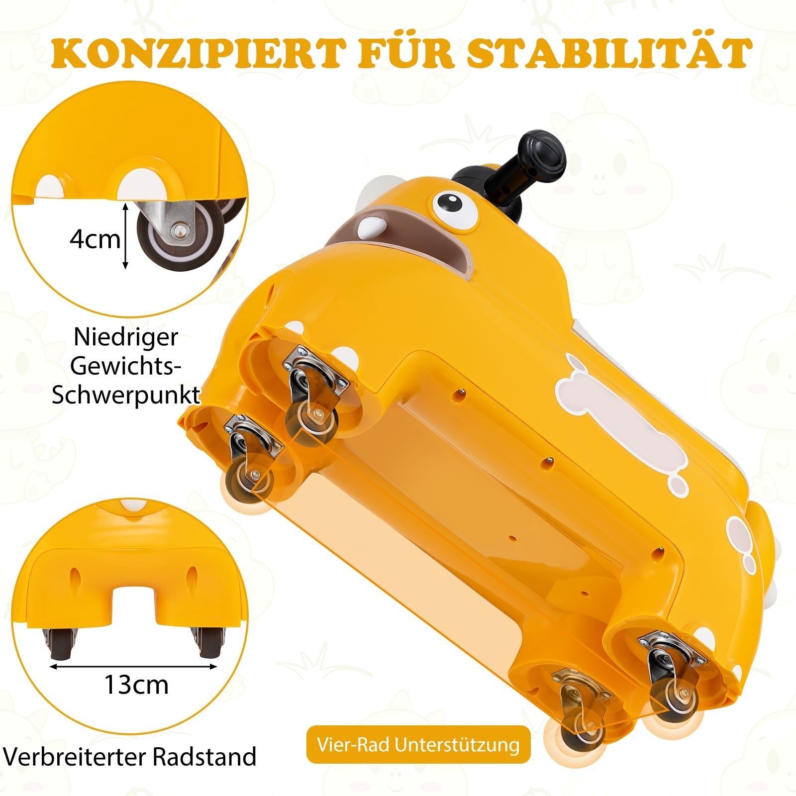 Valise jaune à roulettes, centre de gravité bas de 4cm, empattement de 13cm.