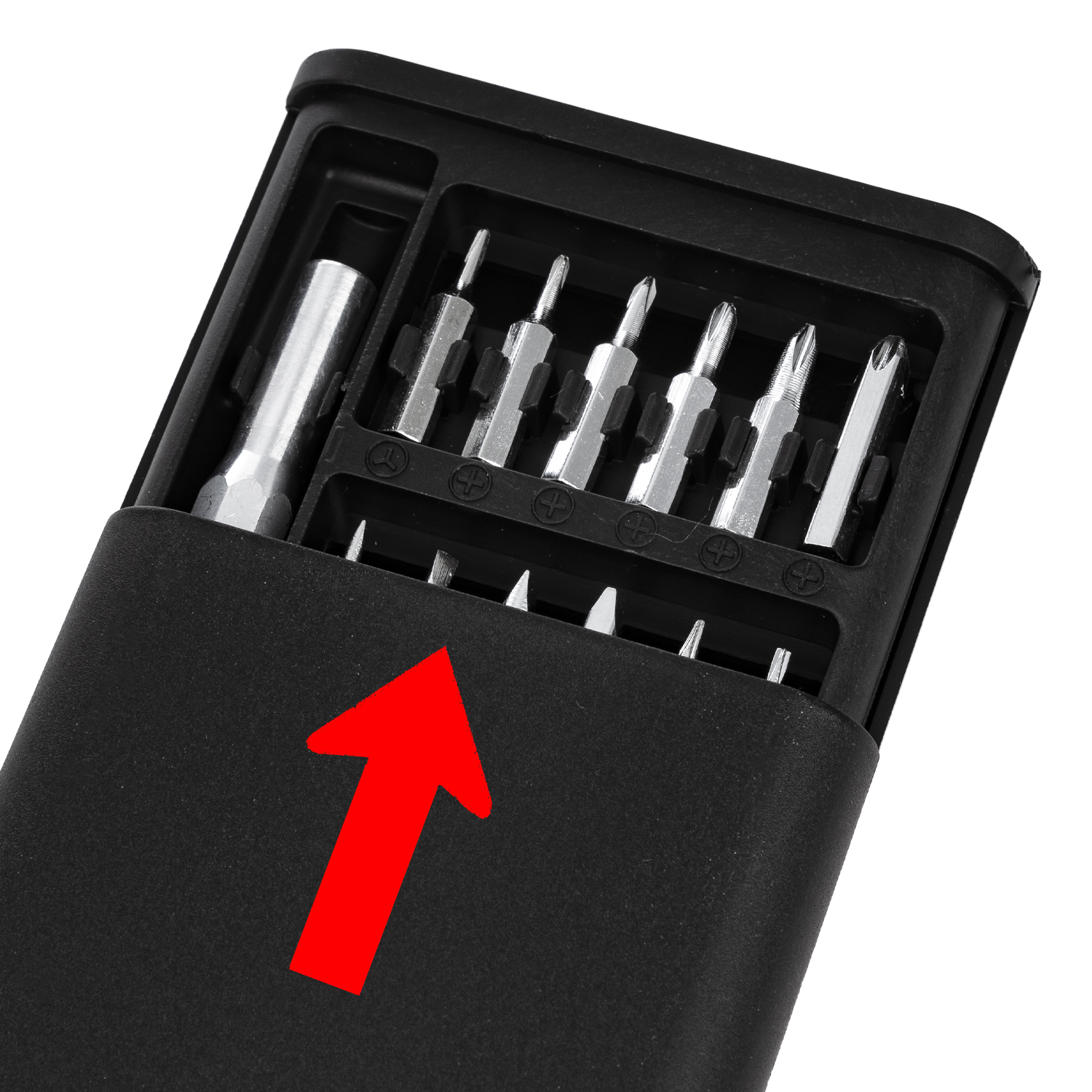Un estuche negro contiene puntas de destornillador. Una flecha roja apunta a las puntas.