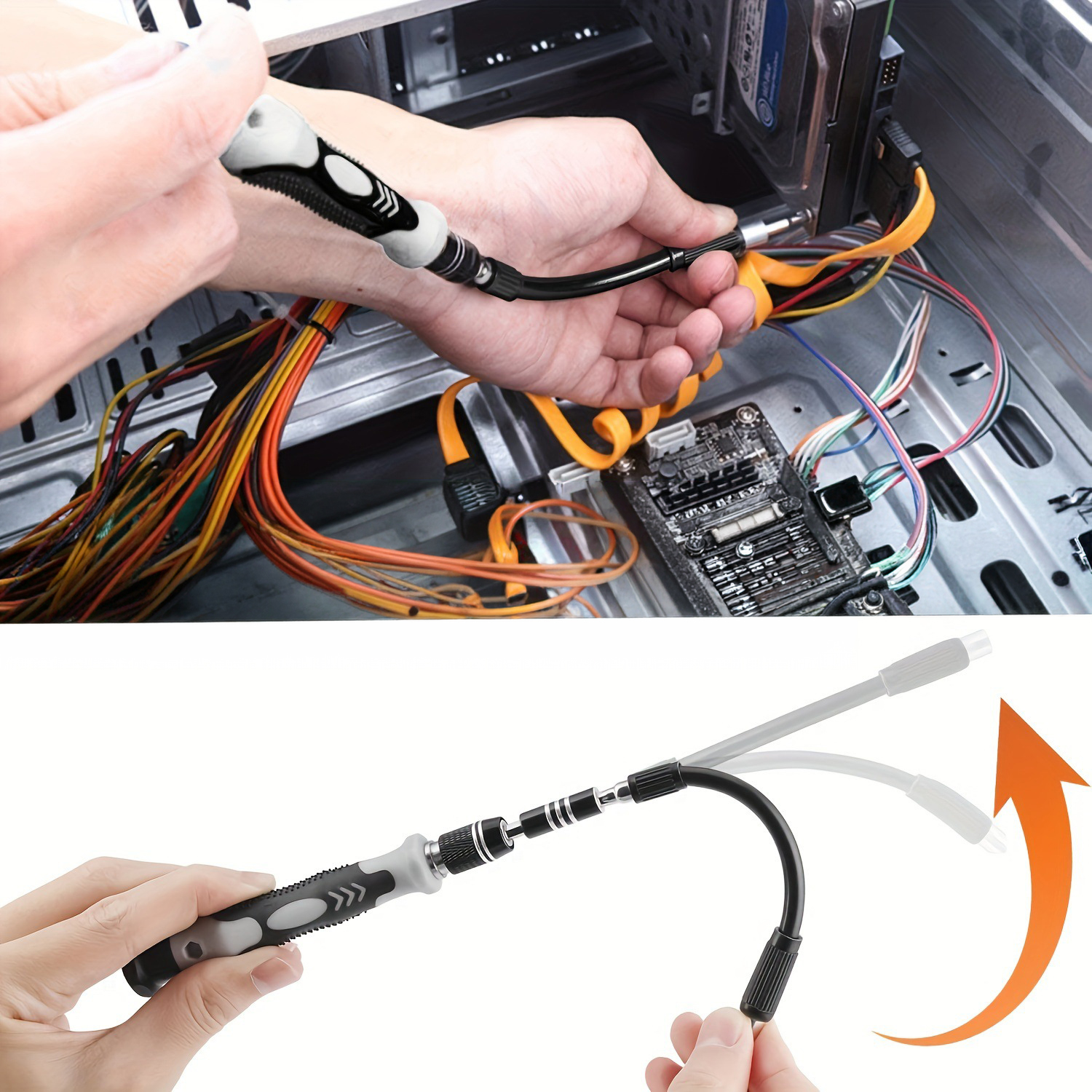 Persona ensamblando componentes de computadora con destornillador flexible.