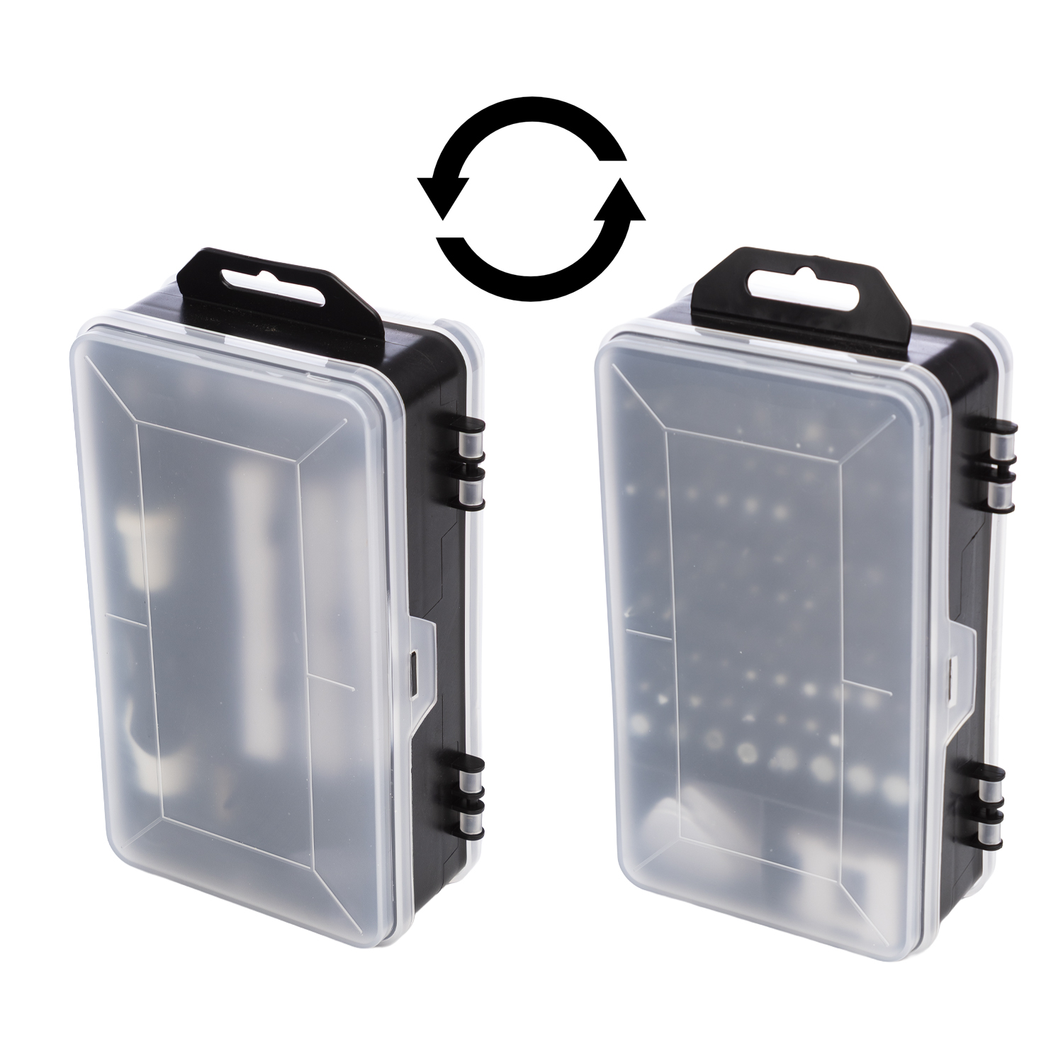 Dos cajas de herramientas cerradas con tapas transparentes y asas negras.