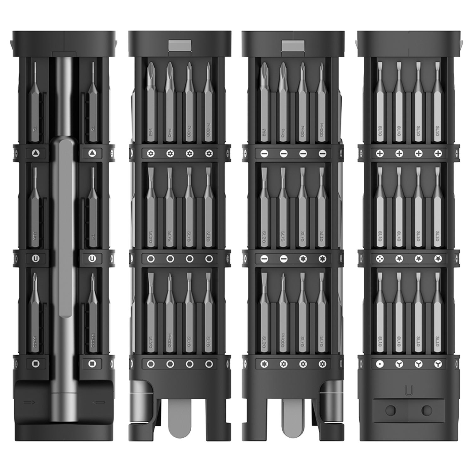 Cuatro estuches negros para herramientas que muestran filas de varios puntas y accesorios.
