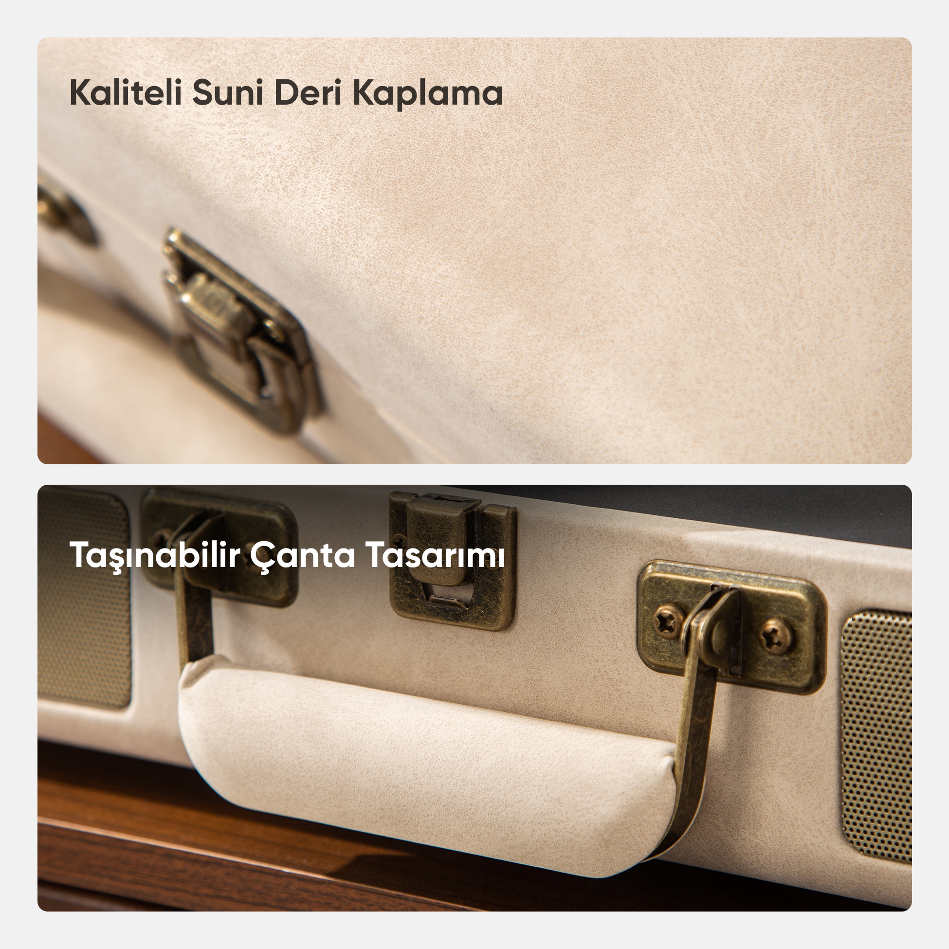 Altın rengi donanımlı ve taşıma saplı bej valiz.
