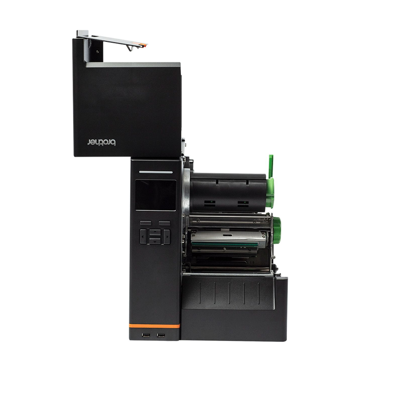 Black Brother label printer with internal mechanism visible, on white background.