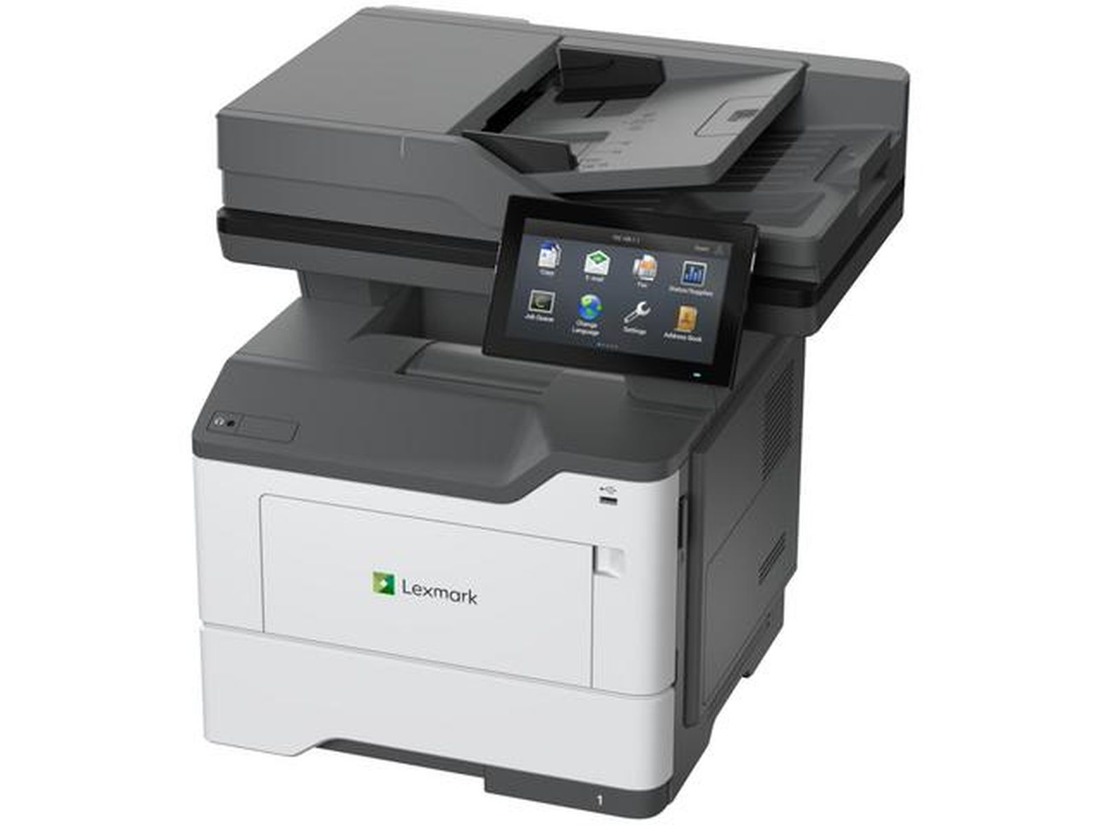 Szara i biała drukarka Lexmark z kolorowym ekranem dotykowym.