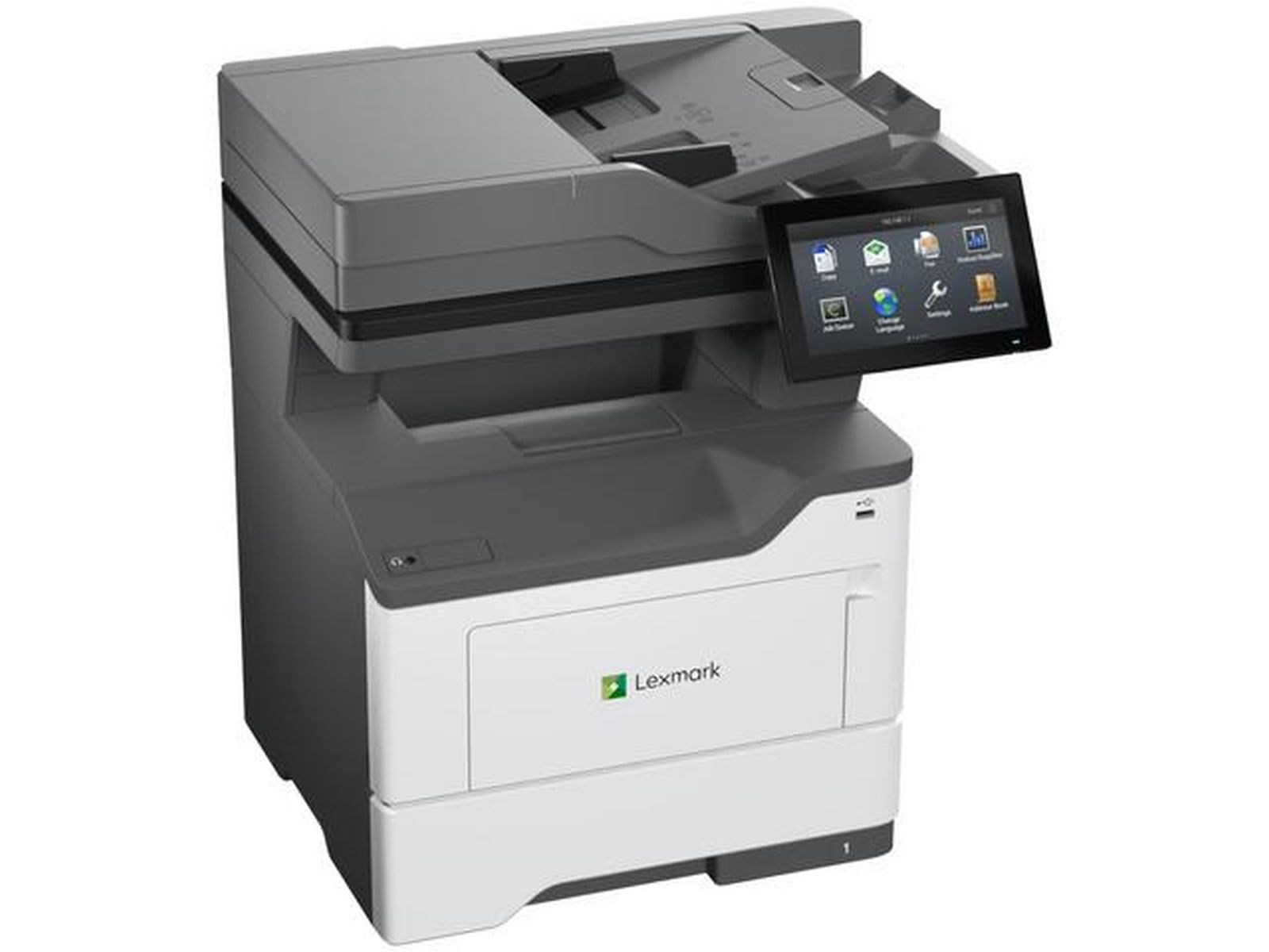 Drukarka Lexmark z ekranem dotykowym i tacą na papier.