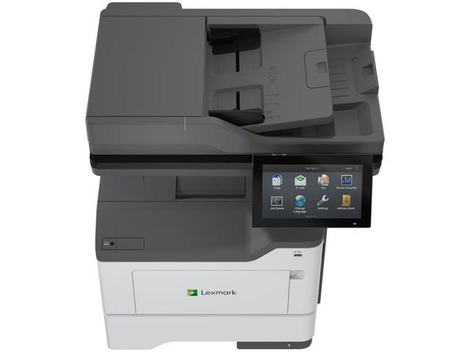 Szara i biała drukarka Lexmark z ekranem dotykowym.