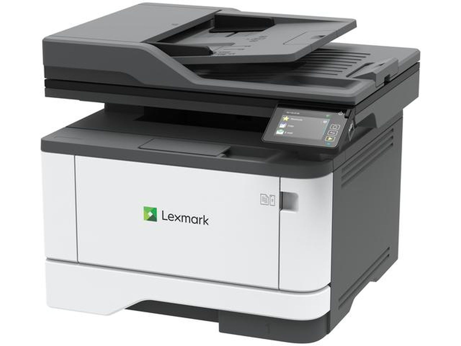 Szara i biała drukarka Lexmark z ekranem dotykowym i podajnikiem.