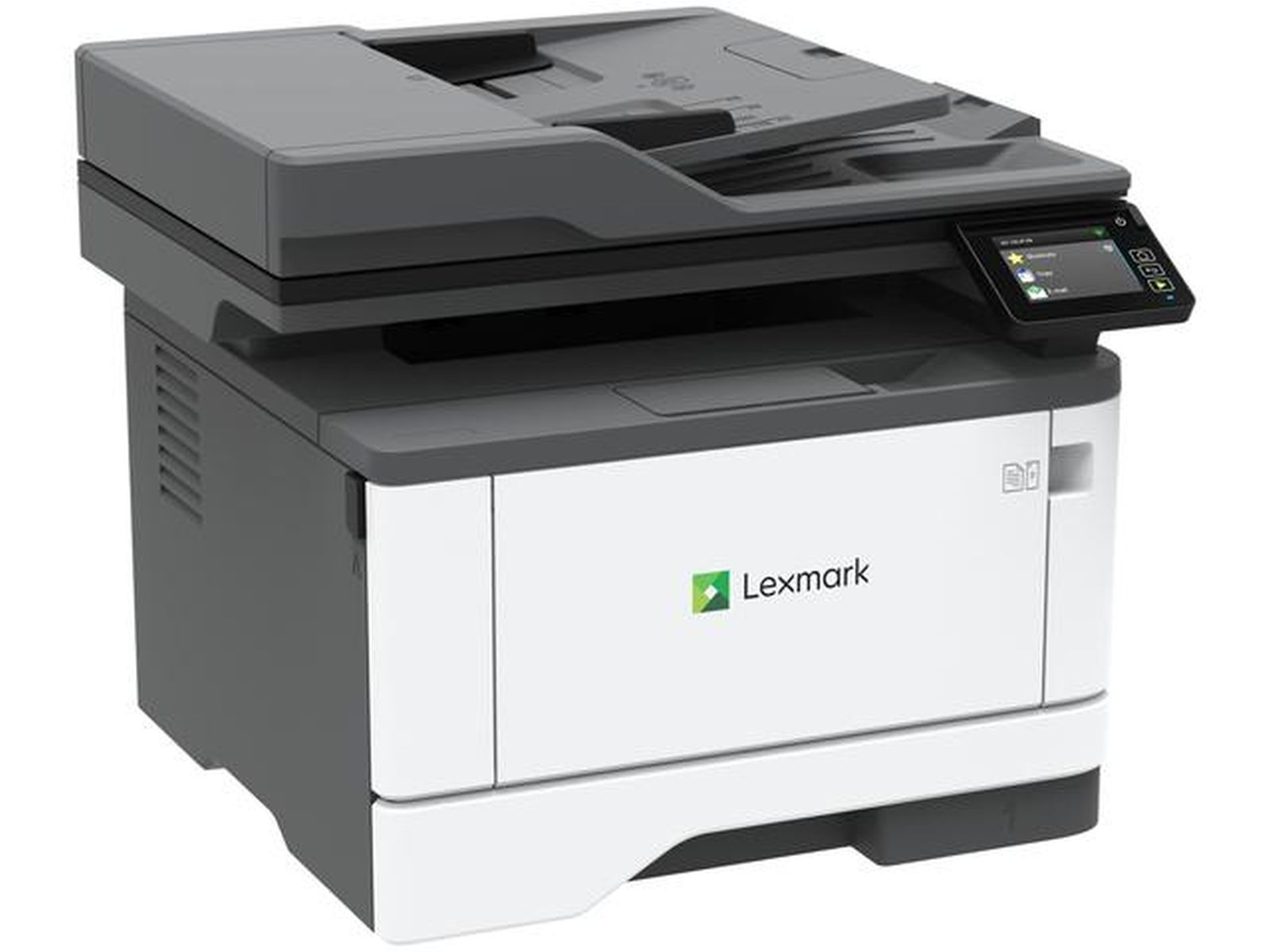 Szara i biała drukarka wielofunkcyjna Lexmark z ekranem dotykowym.