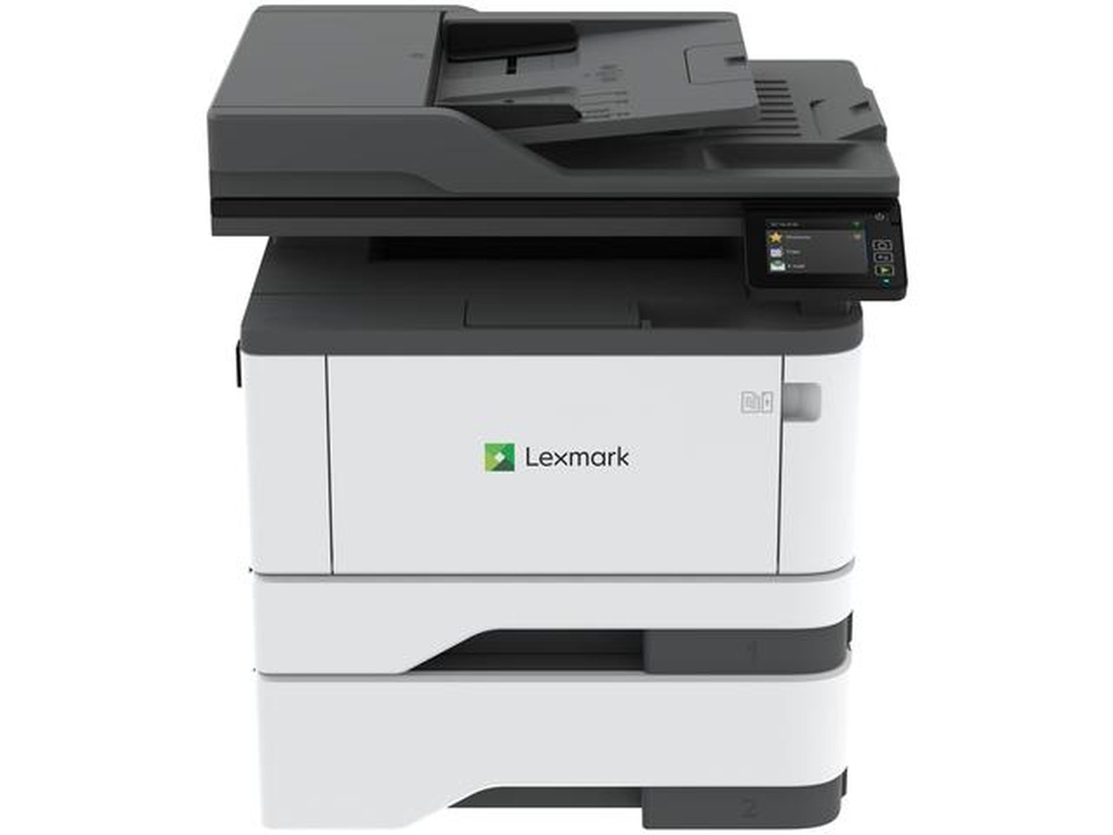 Biała i szara drukarka Lexmark z ekranem dotykowym i podajnikiem papieru.