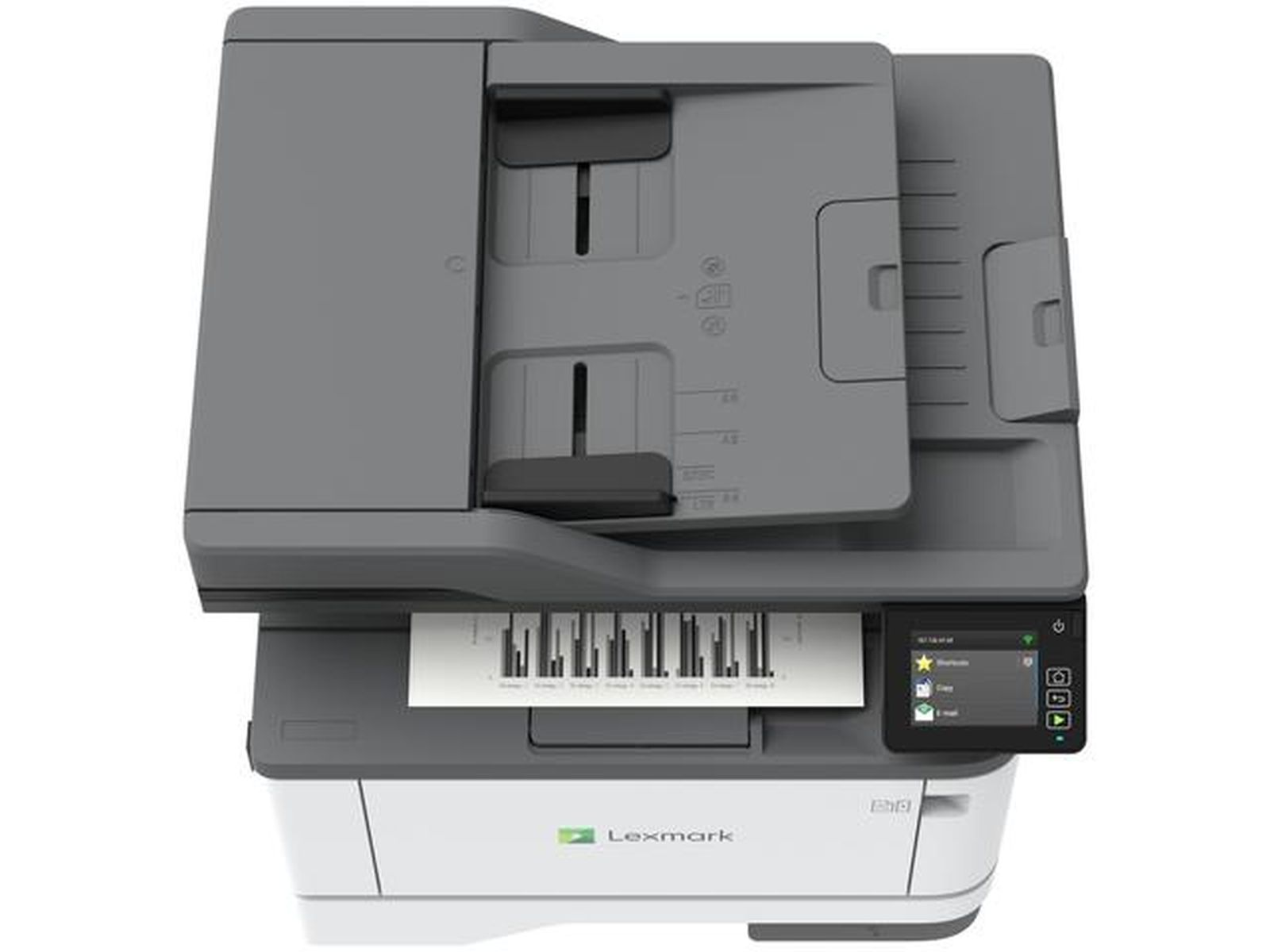 Drukarka Lexmark z kartką papieru wystającą z podajnika wyjściowego.