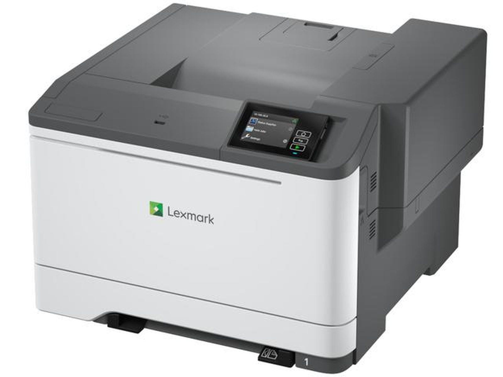 Biało-szara drukarka laserowa Lexmark z ekranem dotykowym.