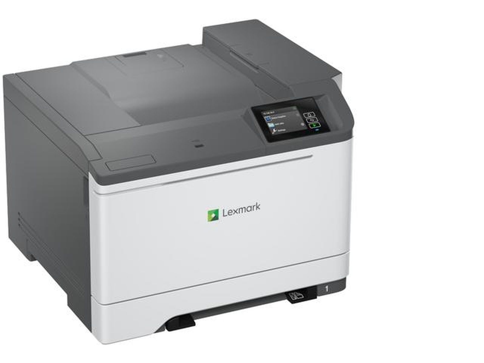 Szara i biała drukarka Lexmark z małym ekranem.