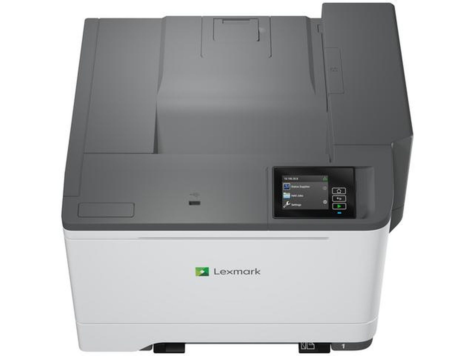 Szara i biała drukarka Lexmark z ekranem dotykowym.
