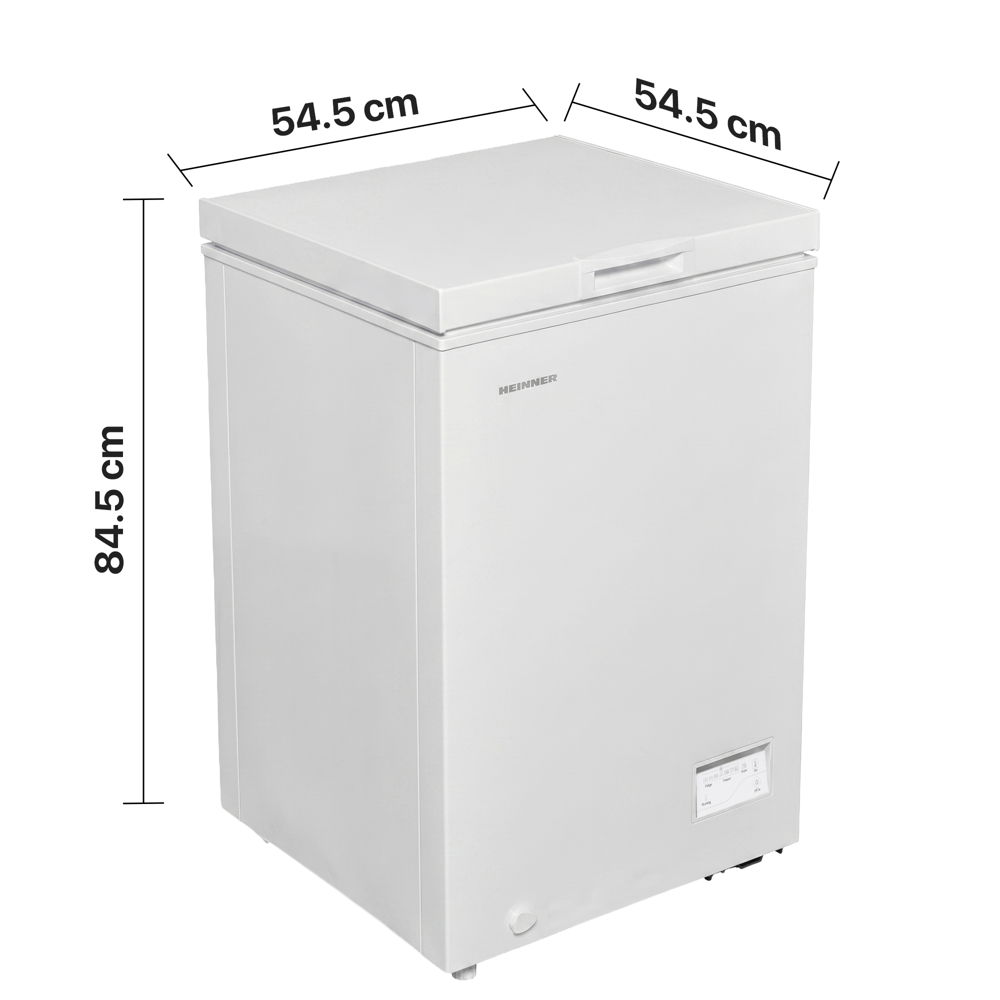 Un congélateur coffre blanc de 84,5 cm H x 54,5 cm L x 54,5 cm P.