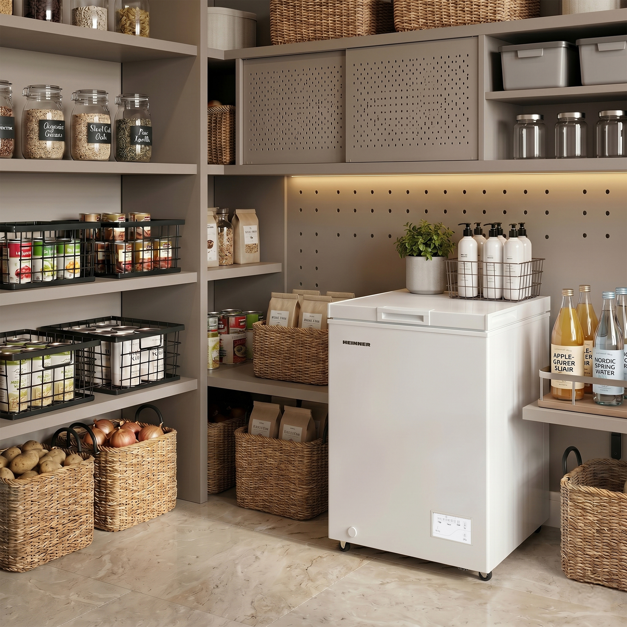 Un garde-manger avec des étagères garnies de bocaux, de conserves, de paniers, d'un congélateur coffre blanc et de boissons.