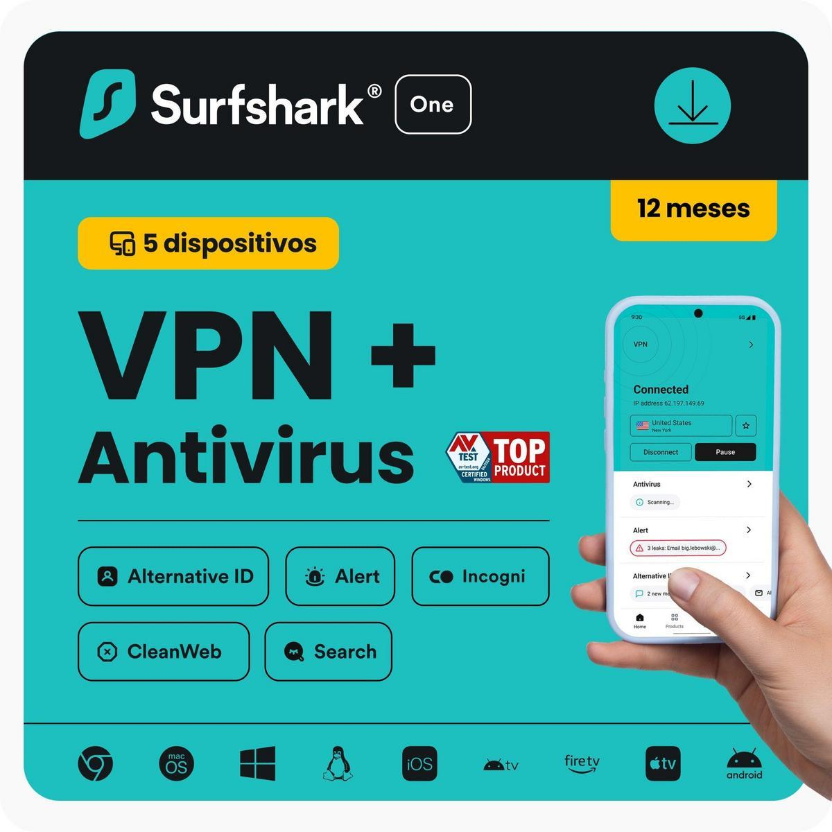 Surfshark One: VPN y Antivirus para 5 dispositivos, 12 meses. Con app móvil.