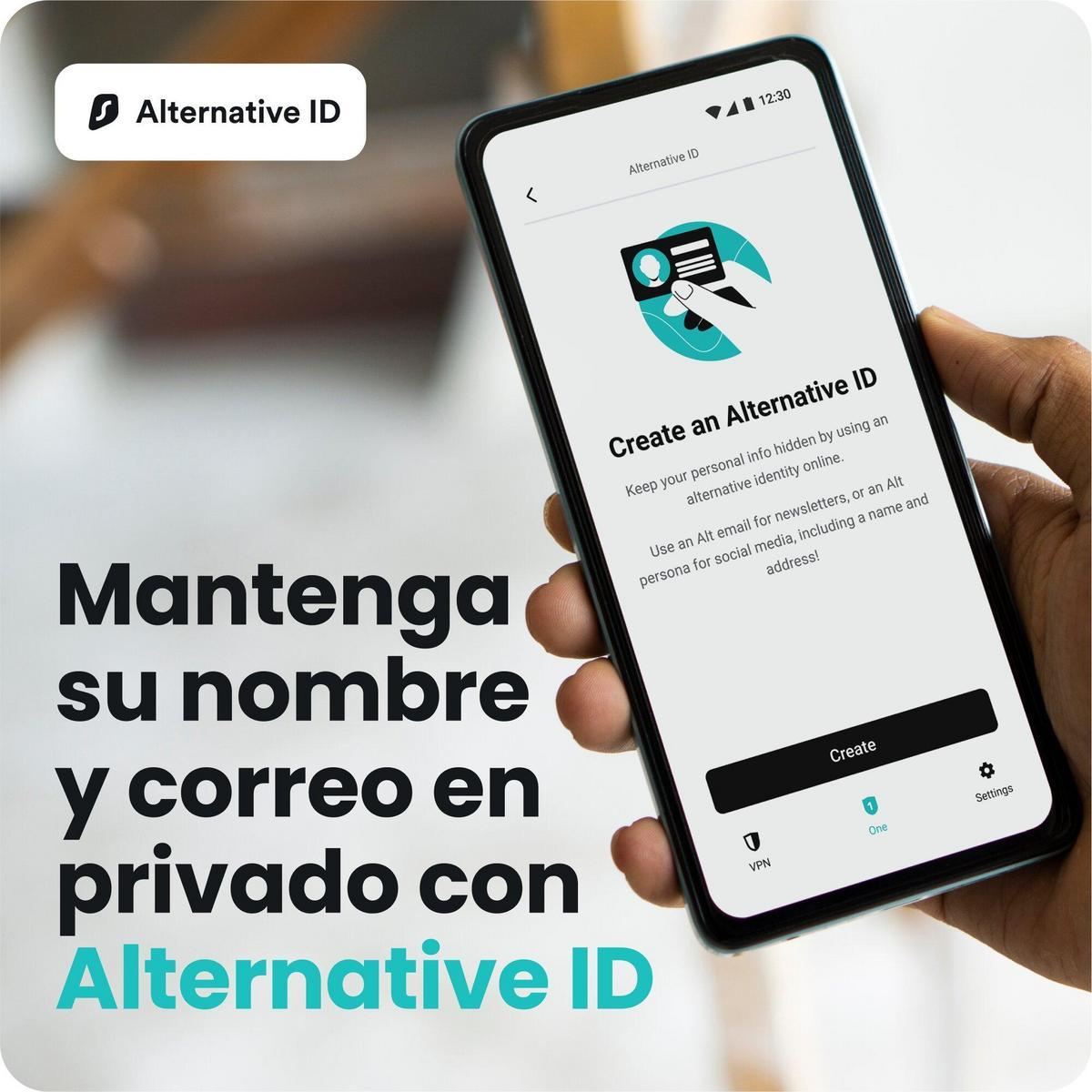 Un teléfono muestra la aplicación "Alternative ID" para crear una identidad alternativa.