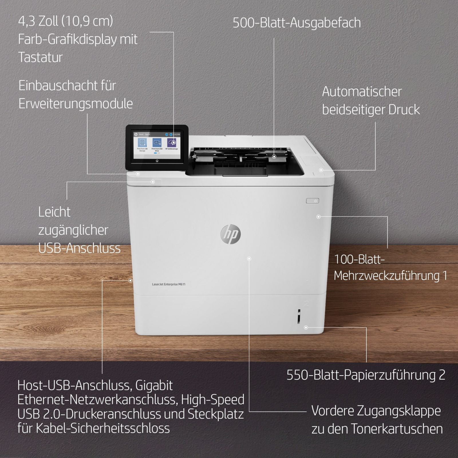 Biała drukarka HP LaserJet z ekranem dotykowym i wieloma podajnikami papieru.