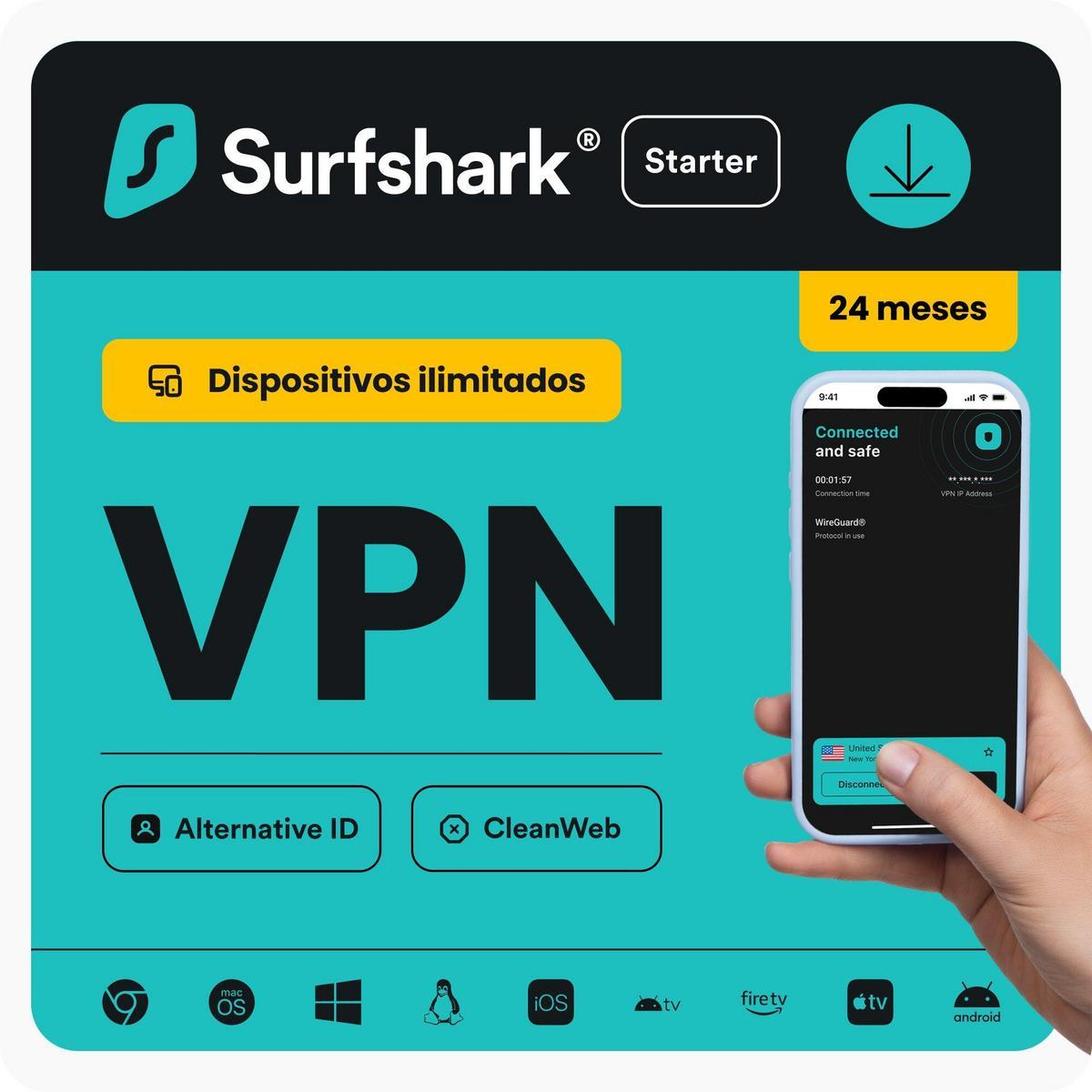 Surfshark VPN Starter, 24 meses, dispositivos ilimitados, ID alternativa, CleanWeb.