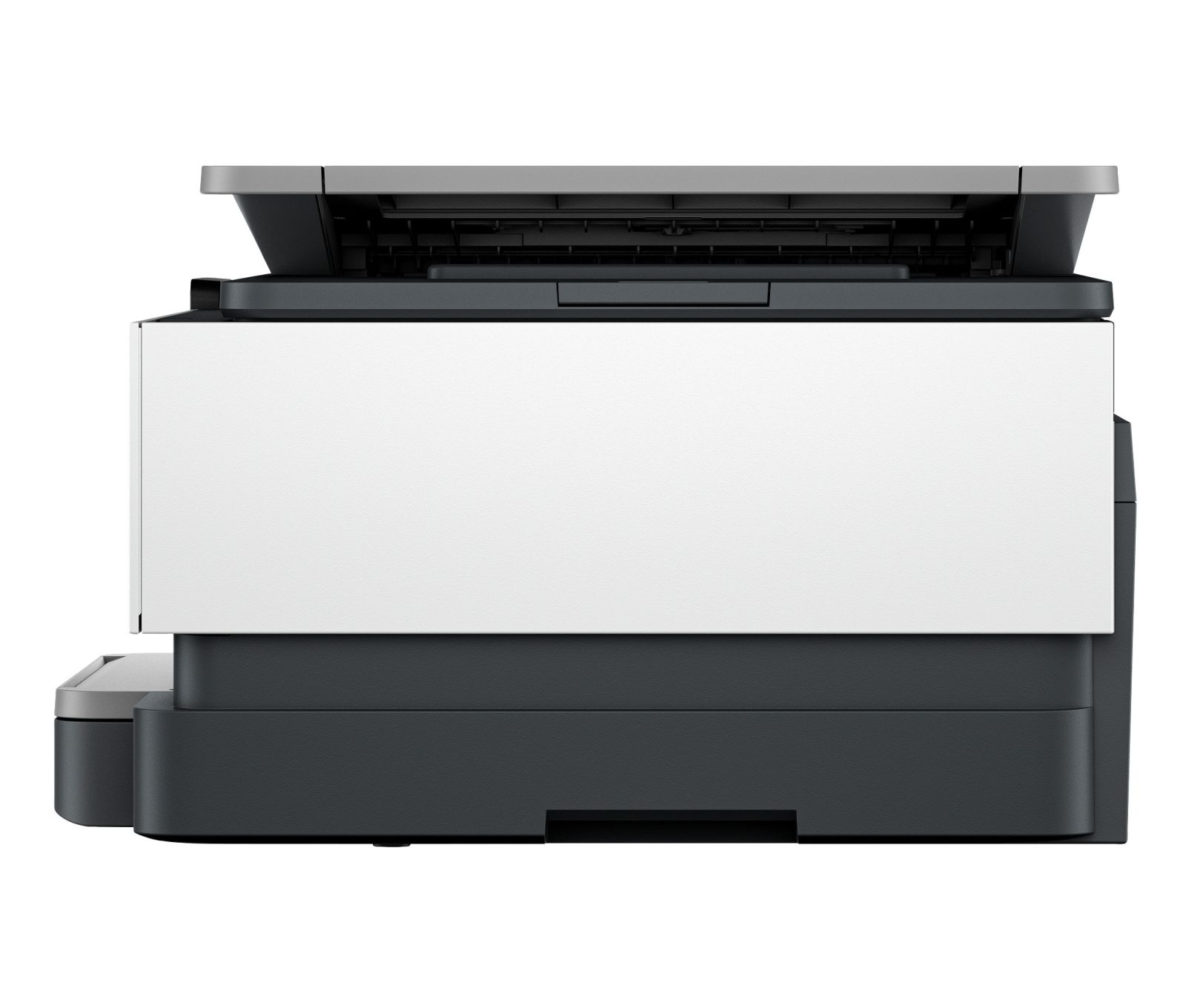 Ein moderner Multifunktionsdrucker mit weißem und grauem Gehäuse, von der Seite gezeigt.