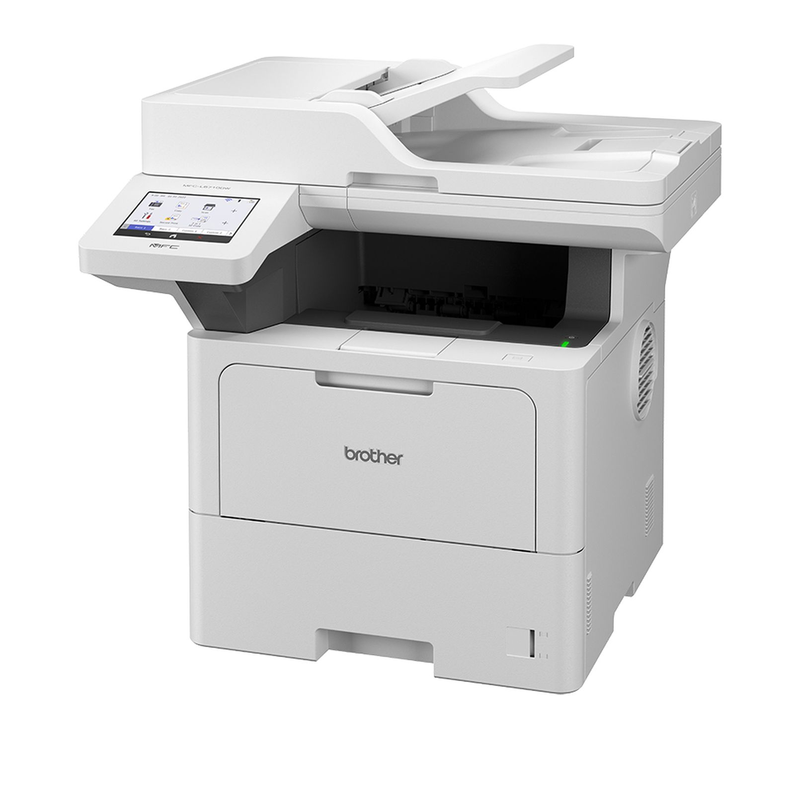 Biała drukarka Brother MFC-L8710DW z ekranem dotykowym i skanerem.
