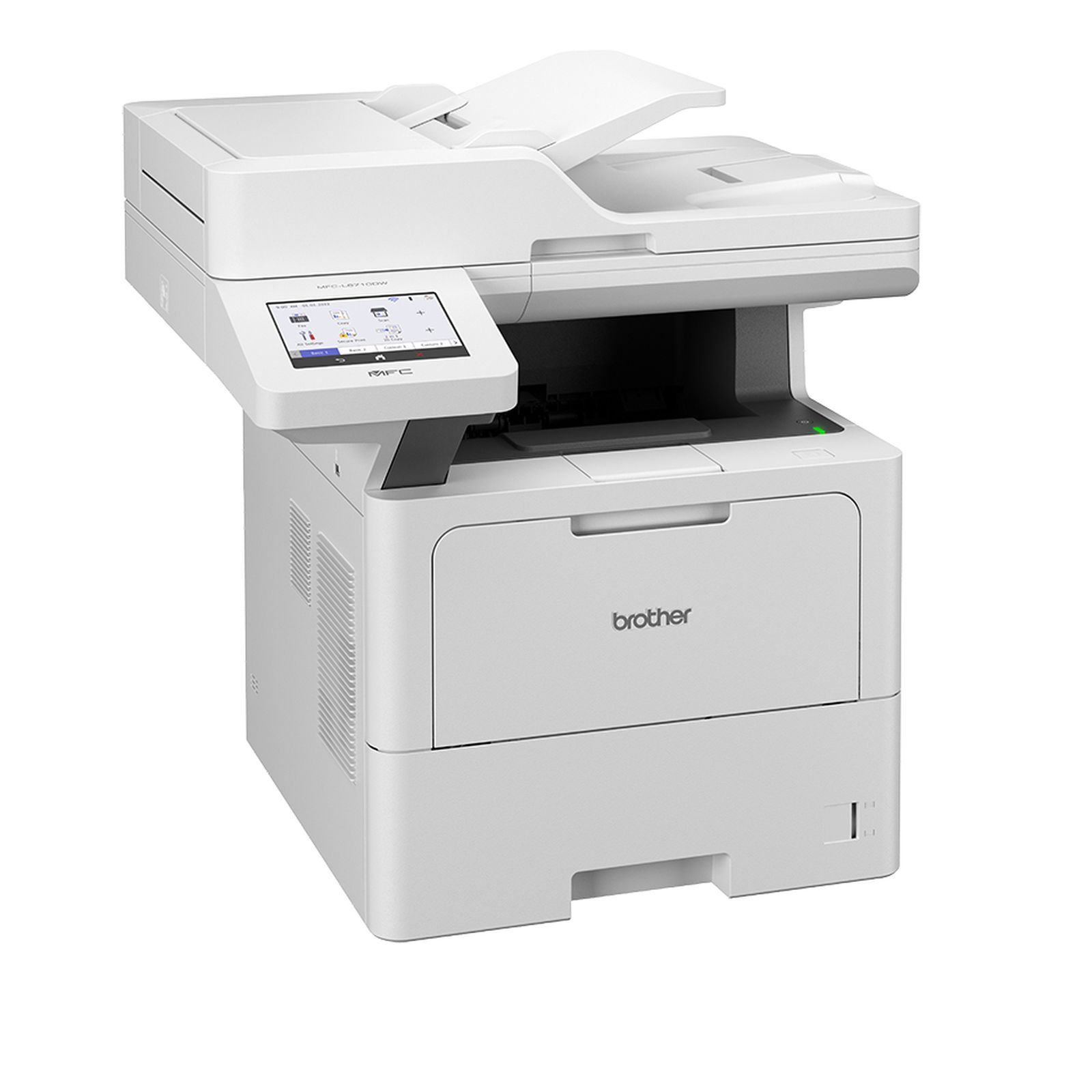 Biała drukarka Brother MFC-L8910CDW z ekranem dotykowym i podajnikiem papieru.