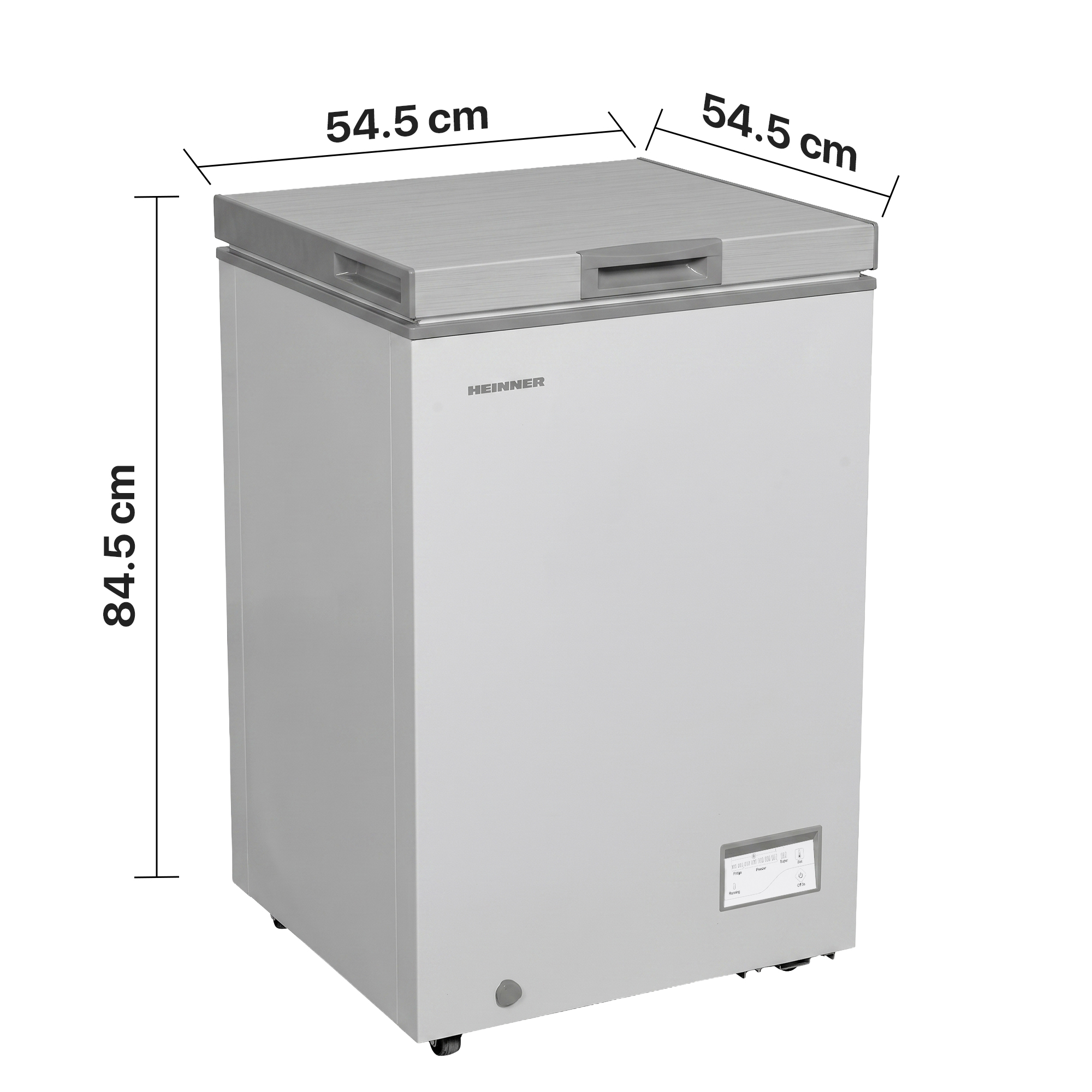 Een witte vrieskist met afmetingen: H 84,5 cm, B 54,5 cm, D 54,5 cm.