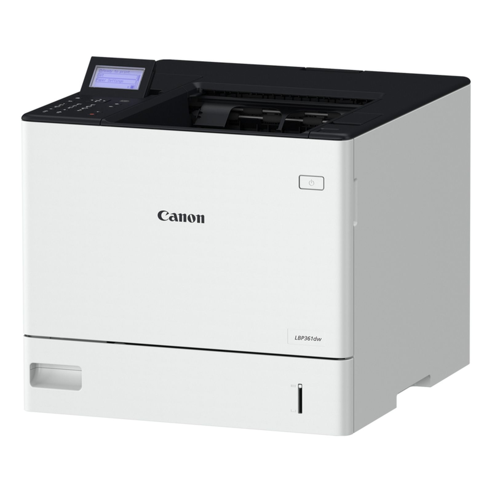Biała drukarka laserowa Canon LBP361dw z czarnym panelem sterowania i wyświetlaczem.