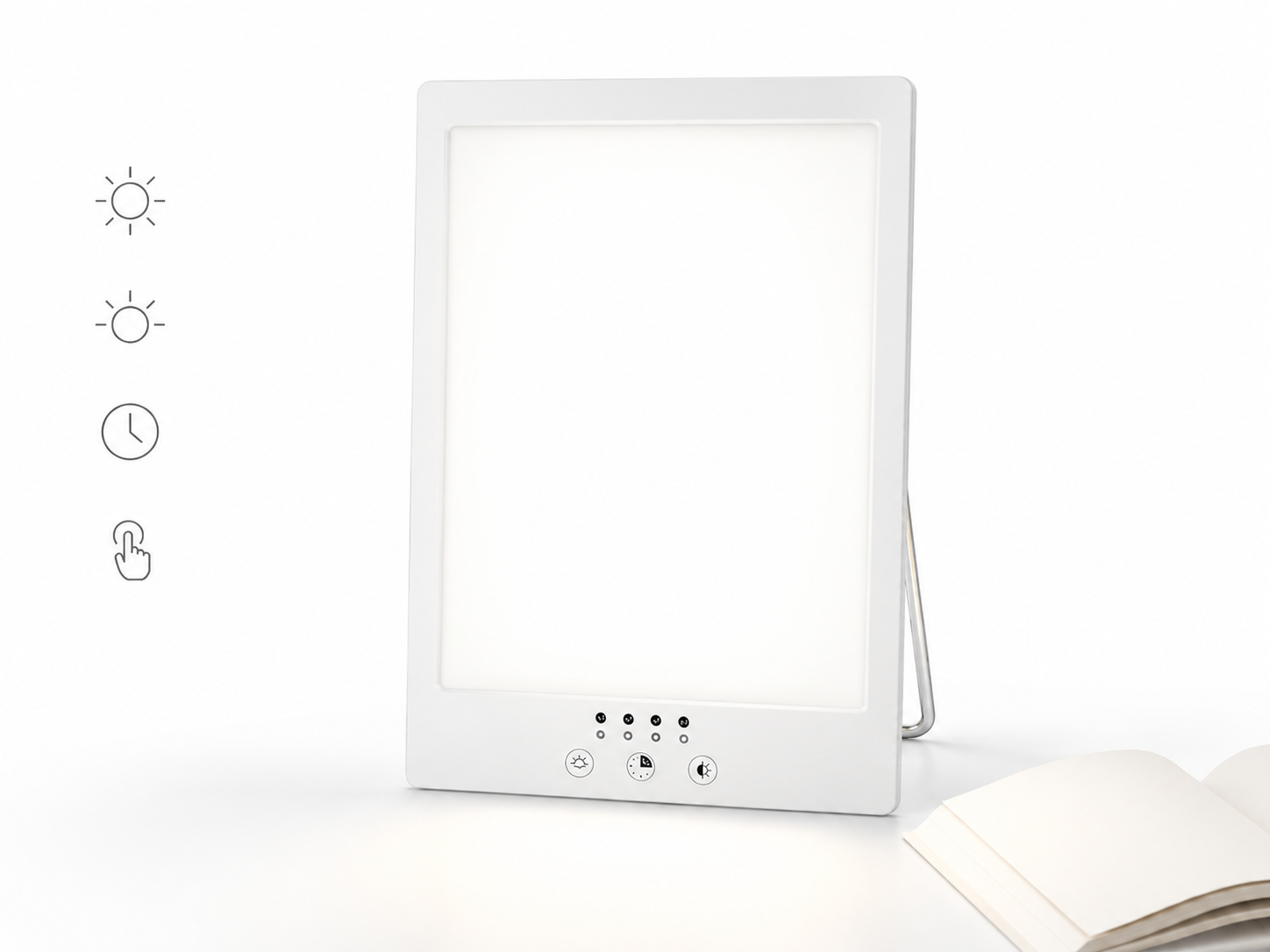 Ein weißes Lichttherapiegerät mit Symbolen und einem Buch.