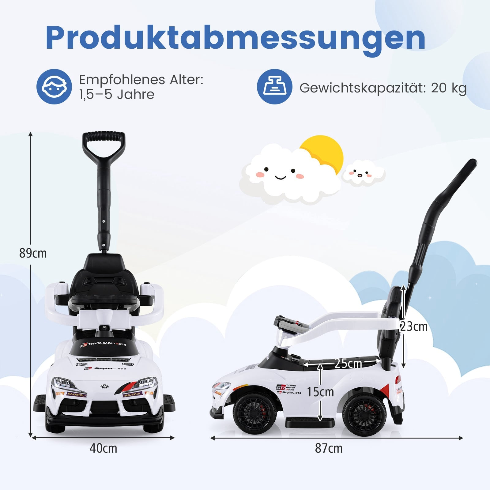 Product dimensions for a children's ride-on car: 89cm height, 40cm/87cm length.