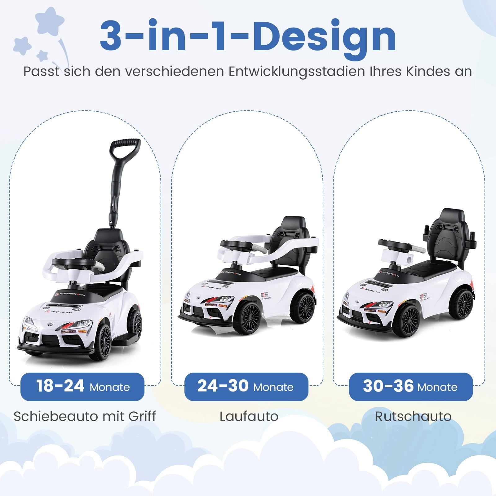 Three white toy cars adapted for different ages: push car, ride-on car, scooter car.
