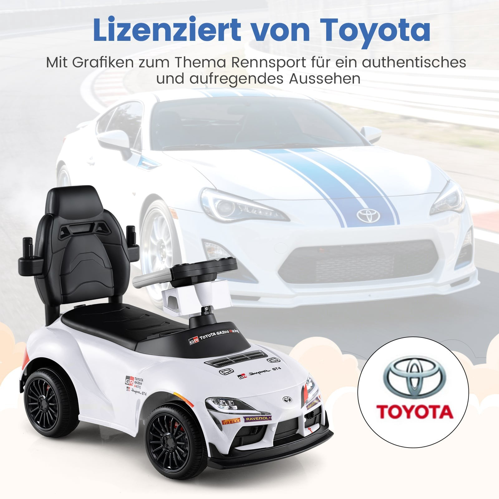 A white toy car with race car design and Toyota logo.