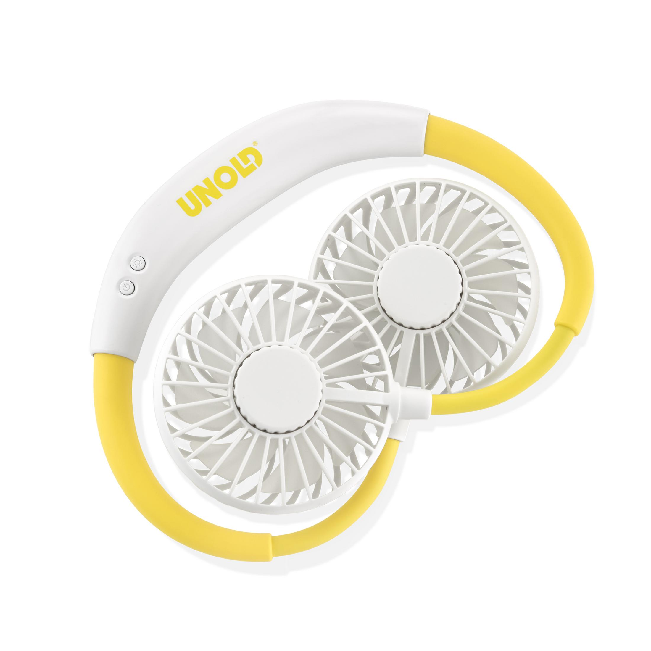 Ein tragbarer Nackenventilator in Weiß mit gelben Akzenten und zwei Lüftern.