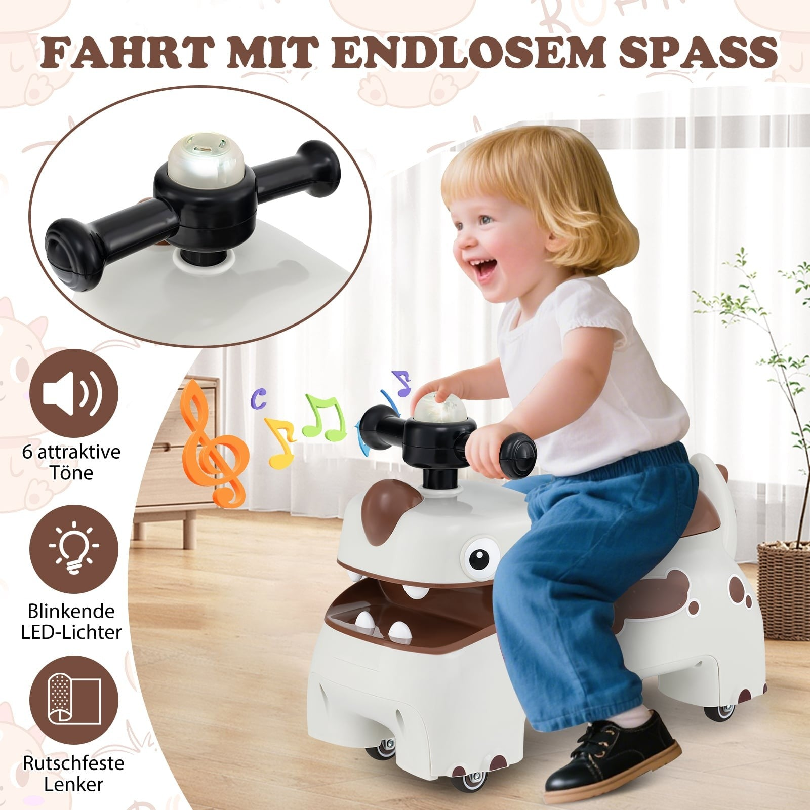 A toddler rides a white toy dog car with brown spots, smiling.