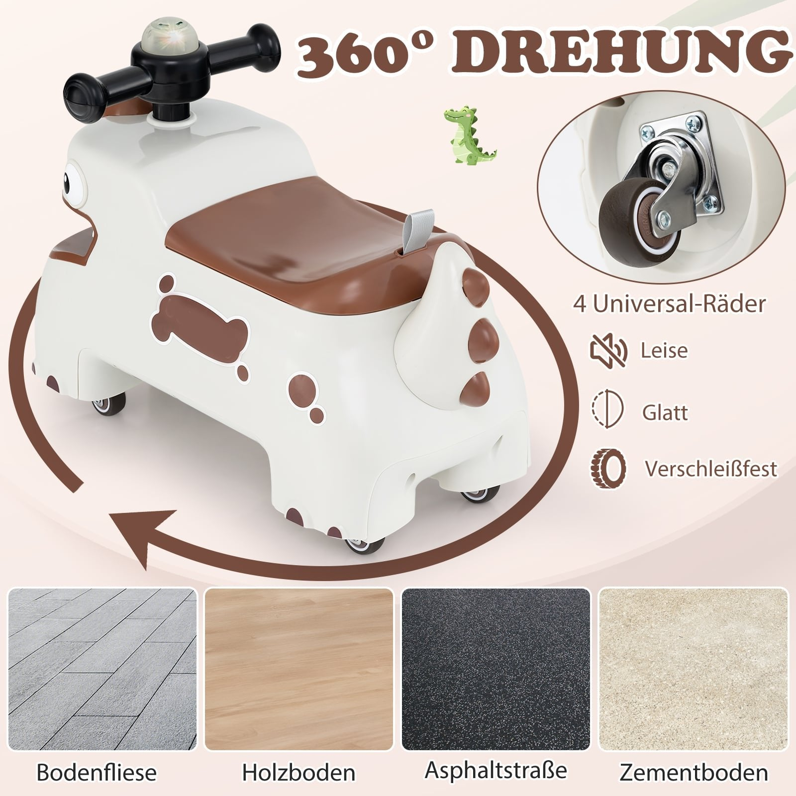 A white and brown ride-on toy with a dinosaur design, 360-degree rotation, and 4 wheels.