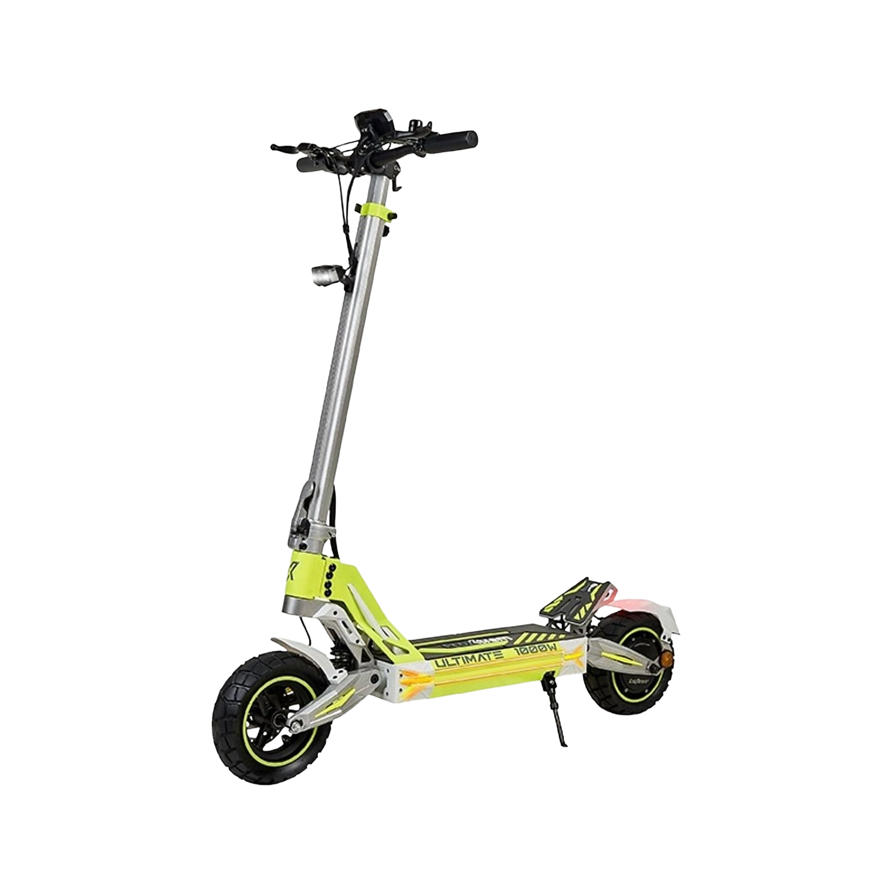 Un patinete eléctrico plateado con detalles amarillo neón y ruedas negras.