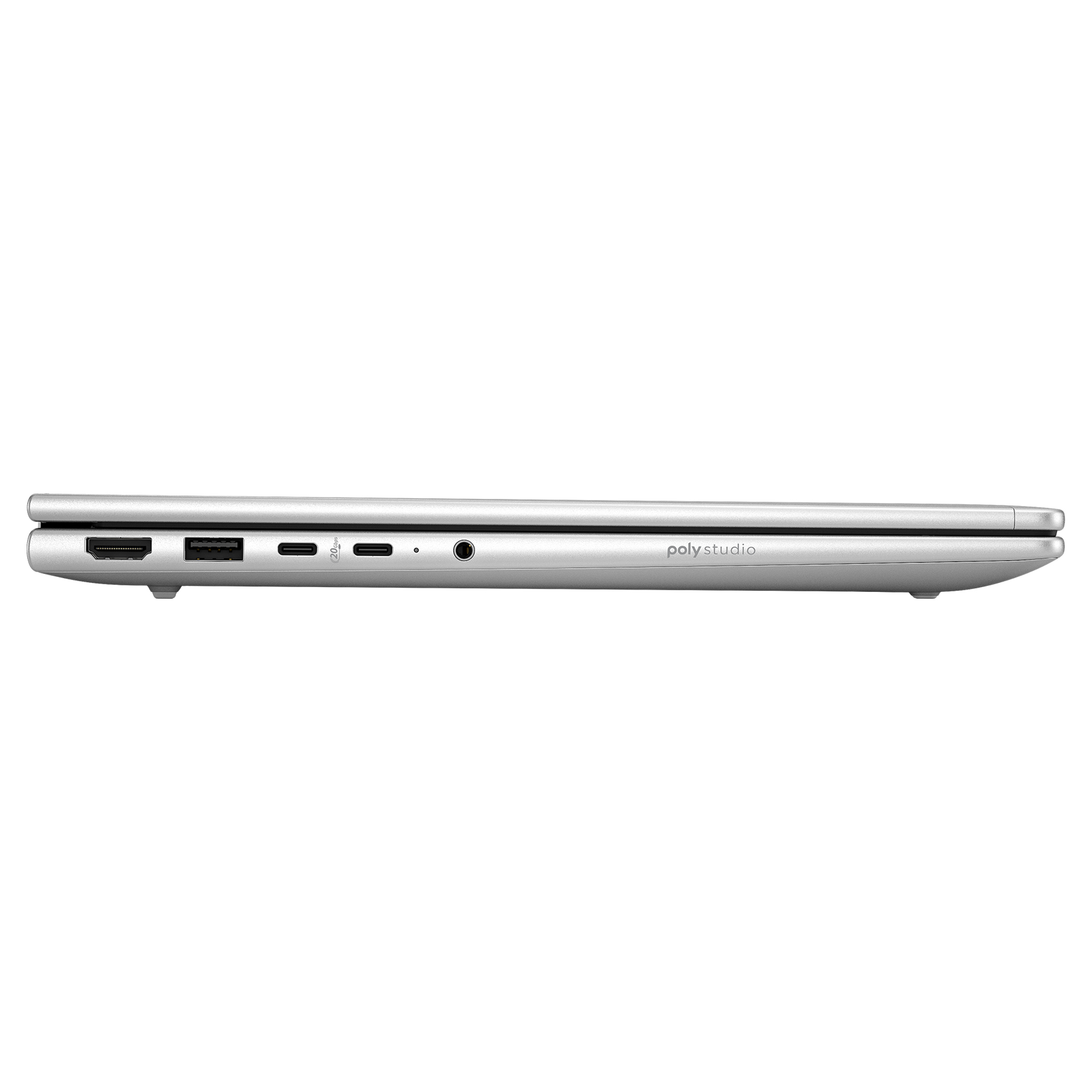 Gümüş Poly Studio dizüstü bilgisayar; HDMI, USB-A, iki USB-C ve ses bağlantı noktası.