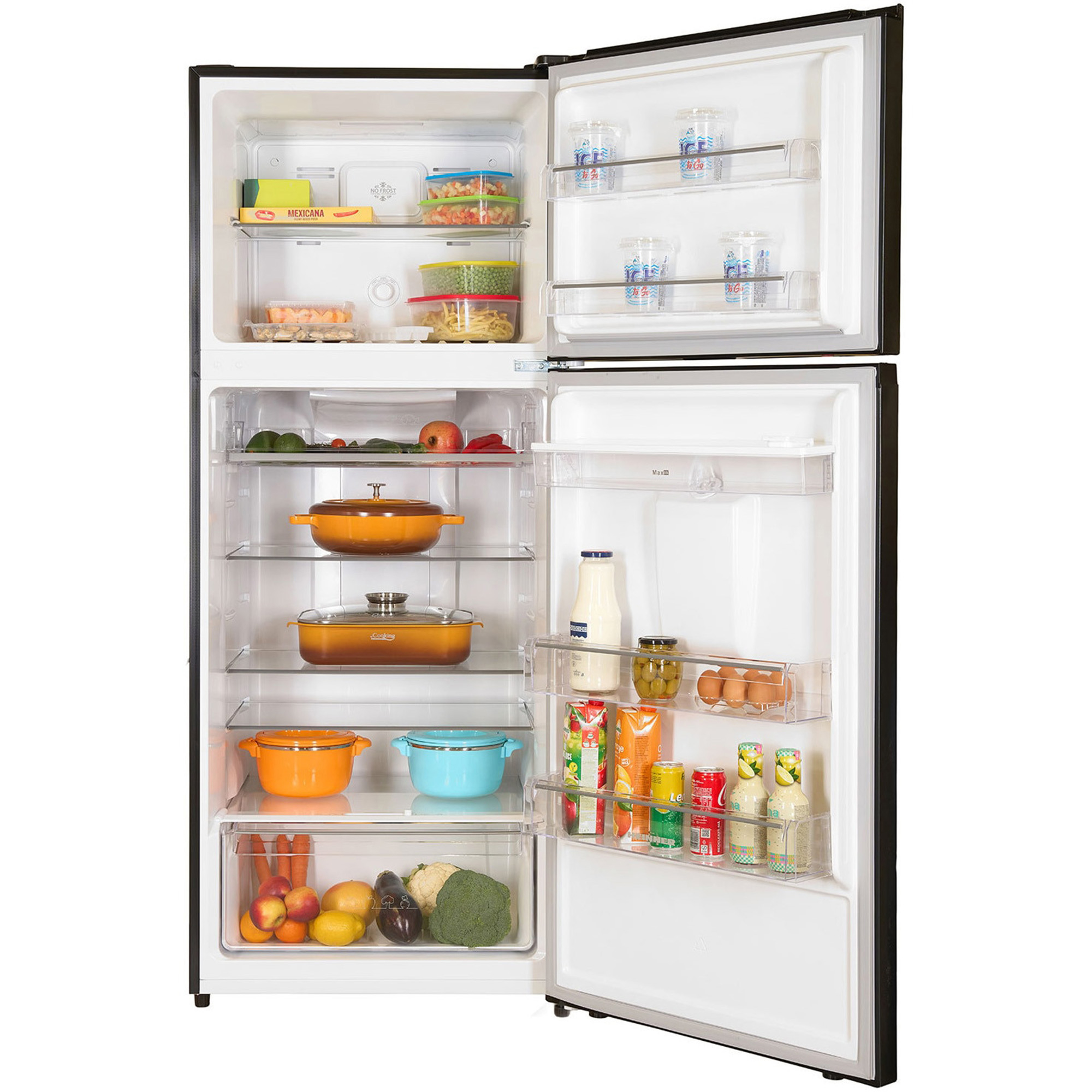 Open koelkast gevuld met voedsel, waaronder fruit, groenten, dranken en kookgerei.