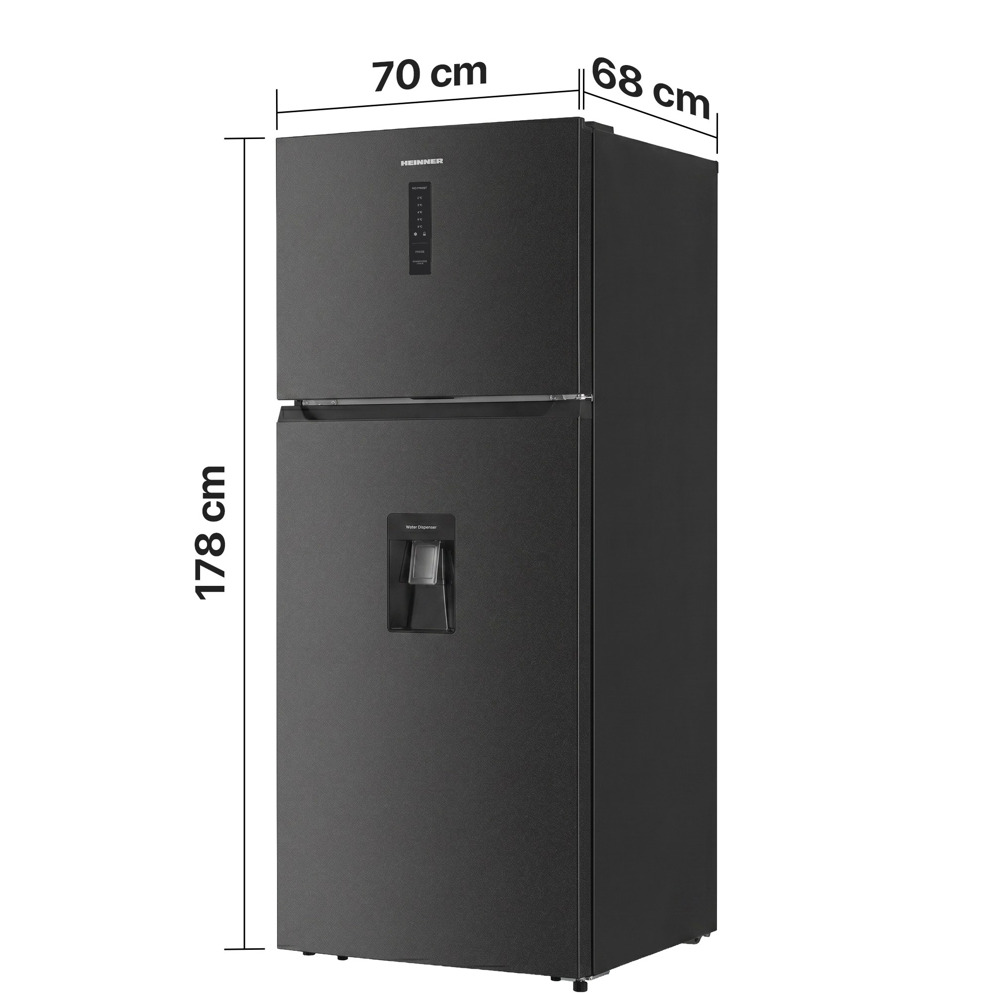 Zwarte HEINNER koelkast, 178cm H x 70cm B x 68cm D, met waterdispenser.