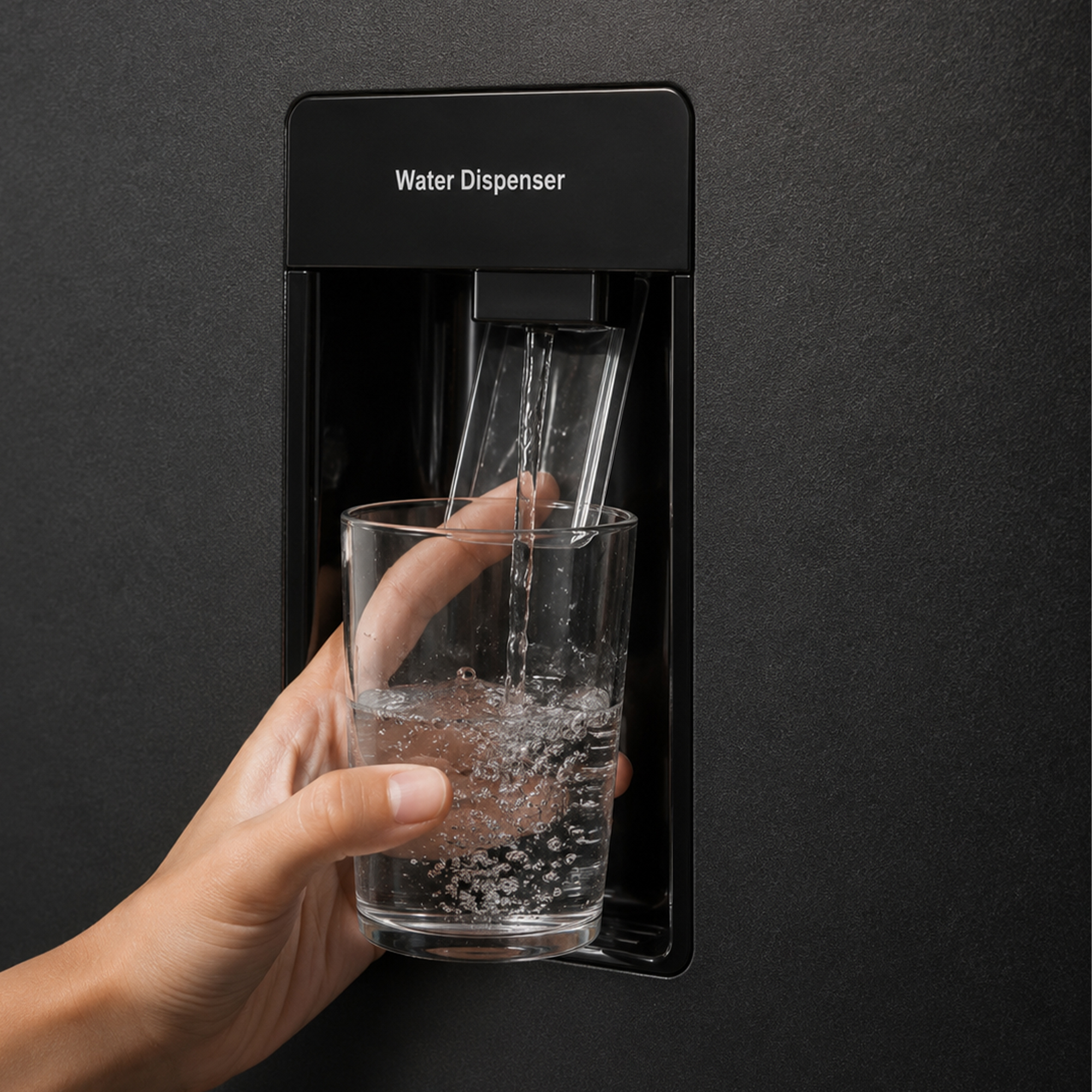 Een hand houdt een glas vast dat wordt gevuld onder een waterdispenser.