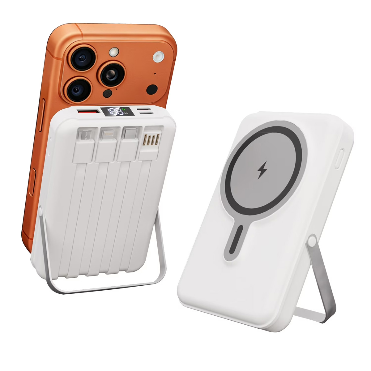 Un teléfono naranja y una batería externa blanca con círculo magnético. Ambos en soportes.