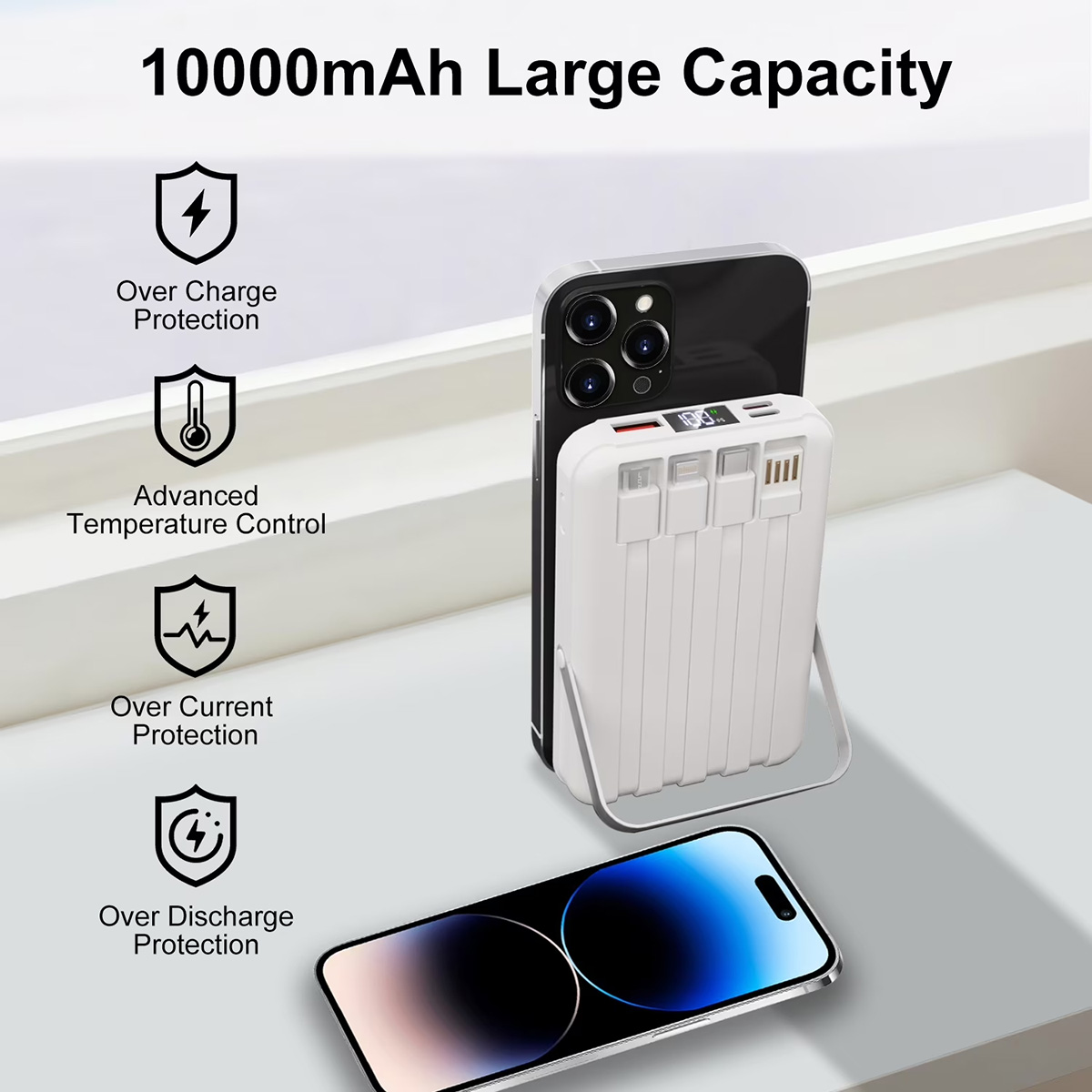 Batería externa blanca de 10000mAh cargando un iPhone. Iconos de protección a la izq.