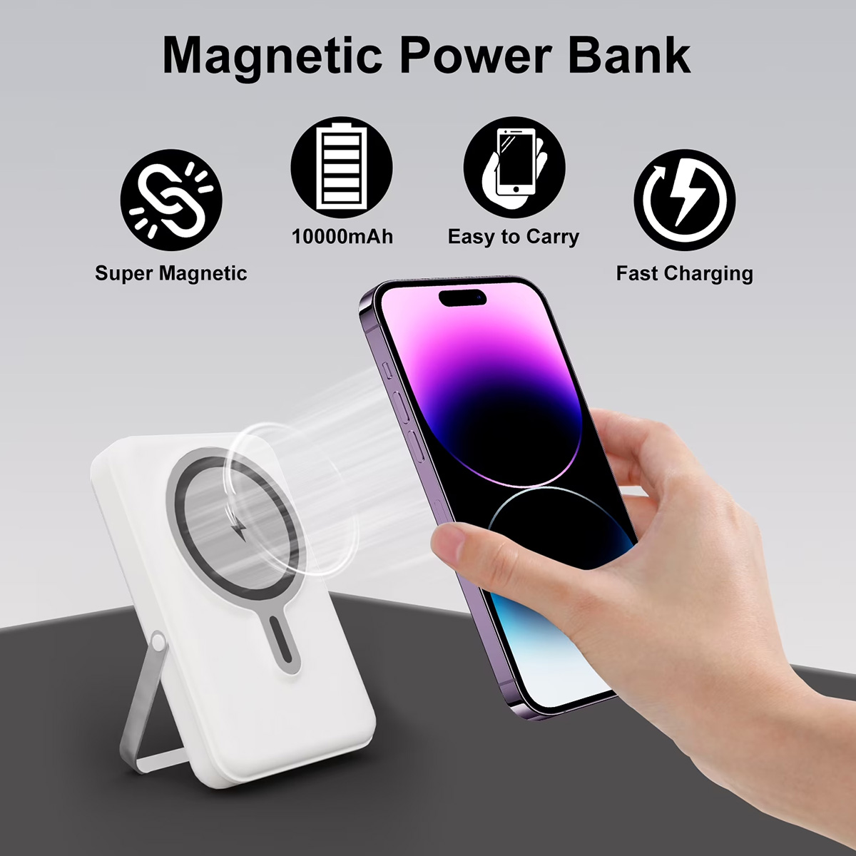 Un teléfono se acopla a una batería externa magnética blanca.