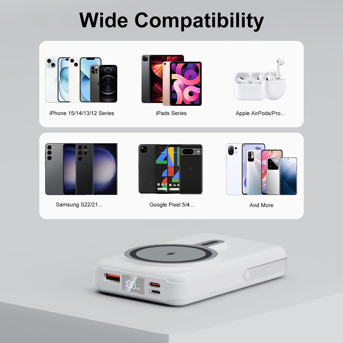 Amplia compatibilidad: iPhones, iPads, AirPods, Samsung, Pixel y más.