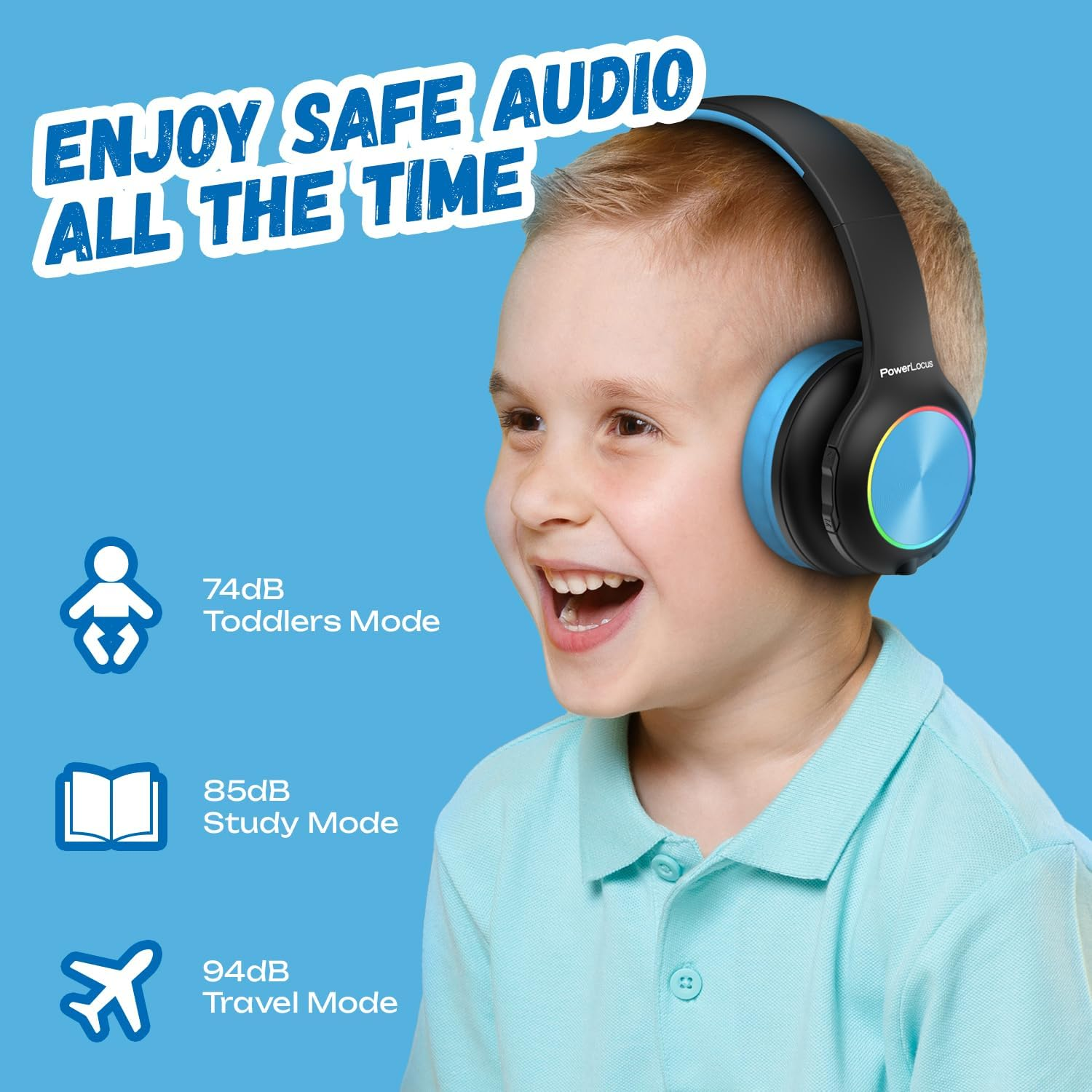 Garçon portant des écouteurs bleus avec du texte sur les modes audio sécurisés.