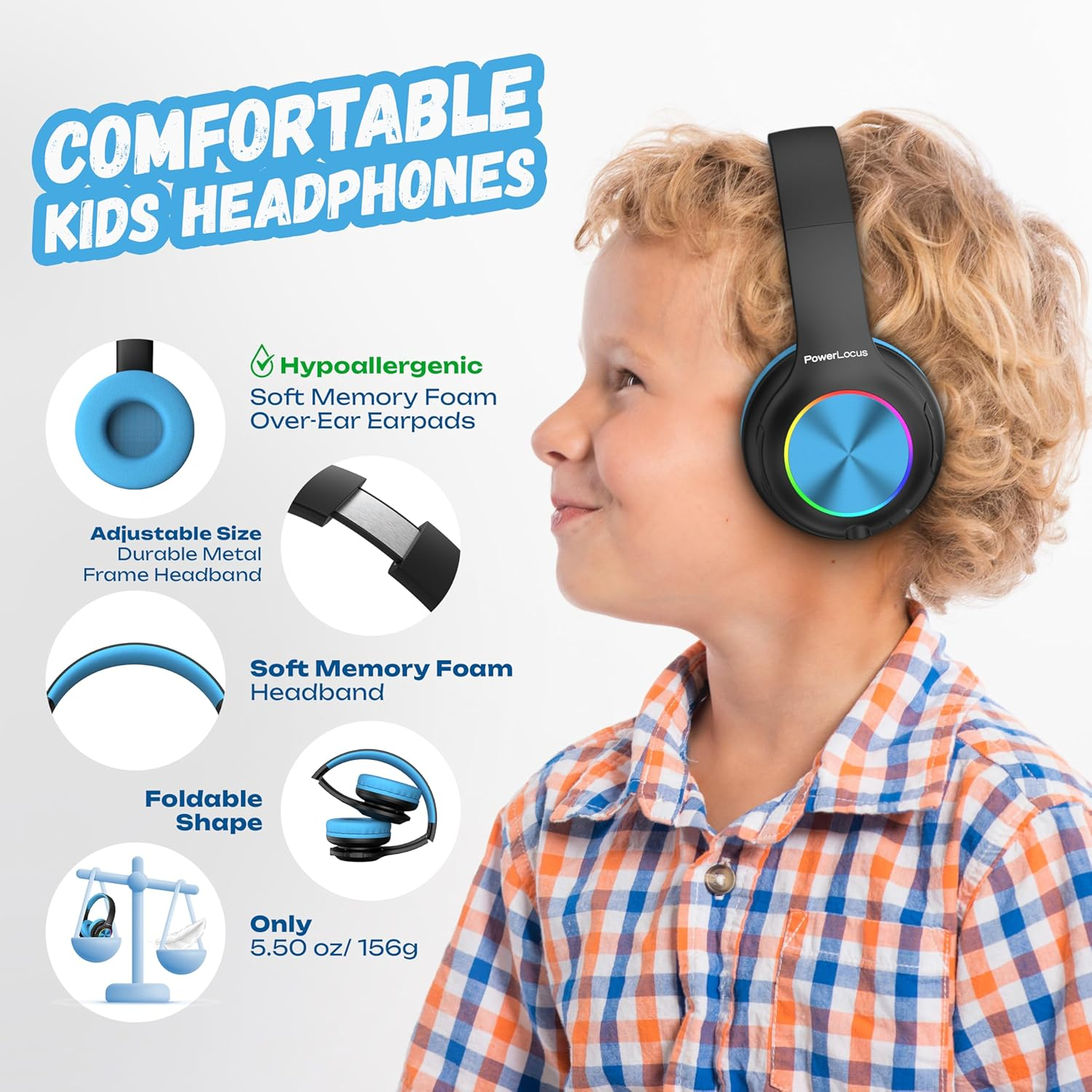 Garçon portant un casque bleu avec des lumières colorées, avec détails produit.