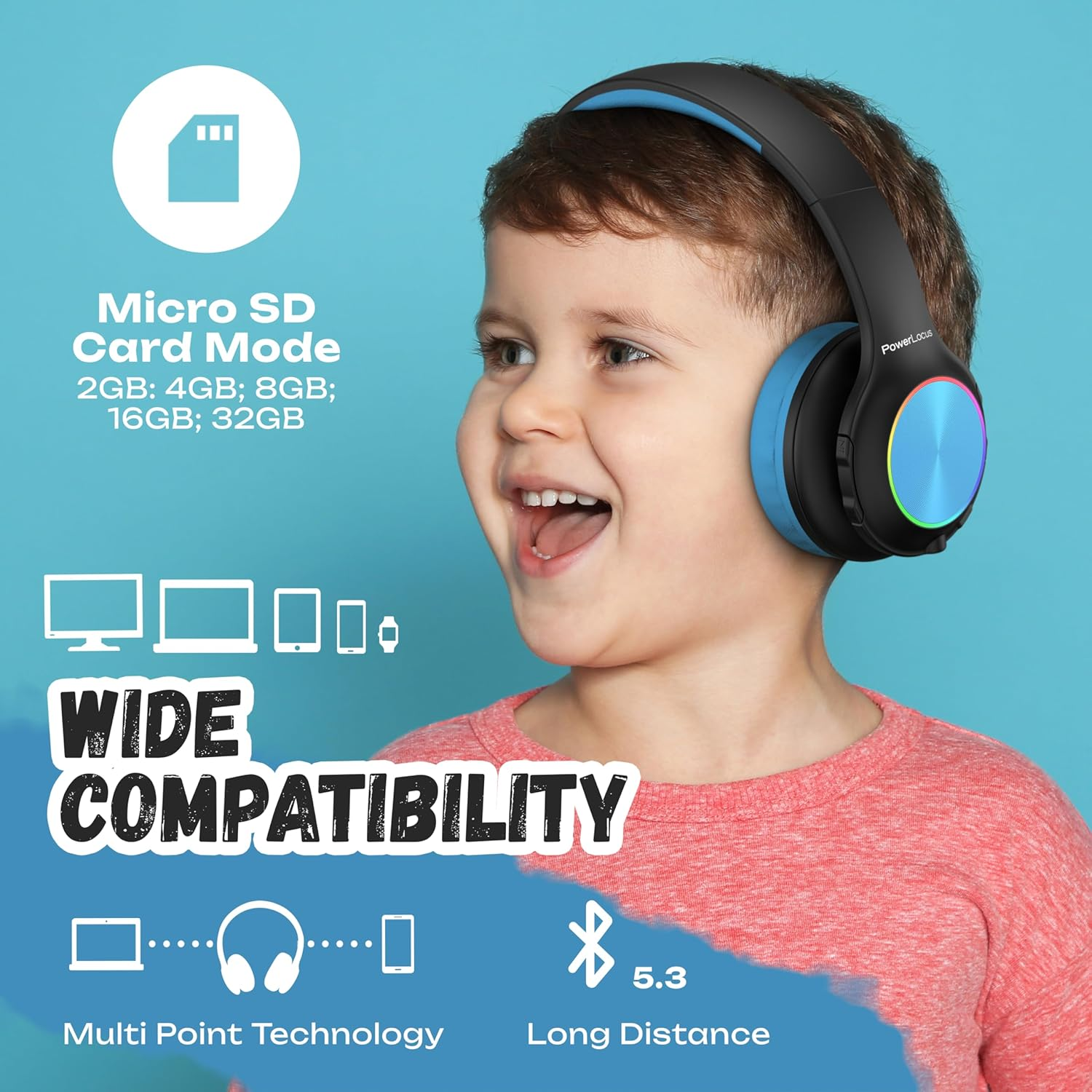 Un garçon porte un casque bleu avec mode carte Micro SD, large compatibilité et Bluetooth 5.3.