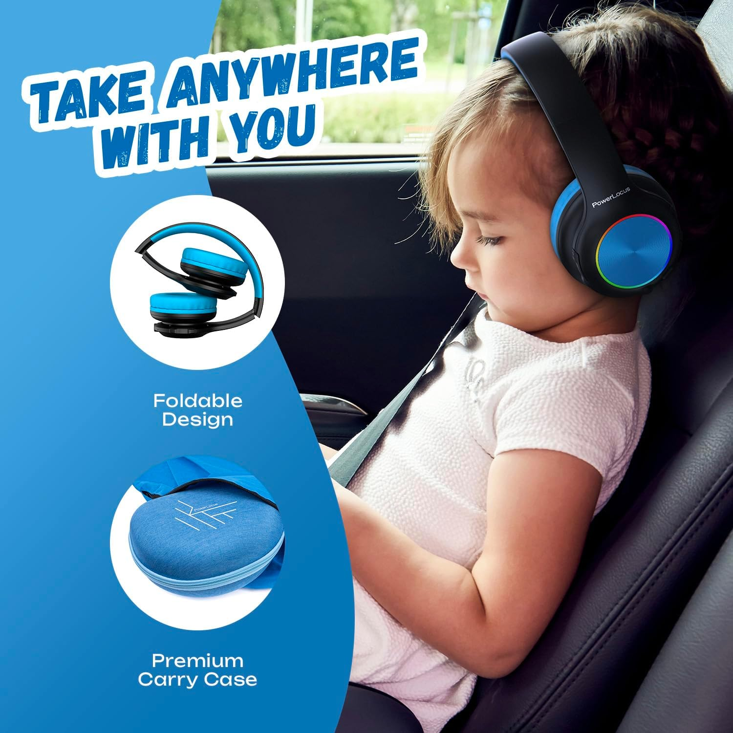 Enfant portant des écouteurs en voiture. Conception pliable et étui montrés.